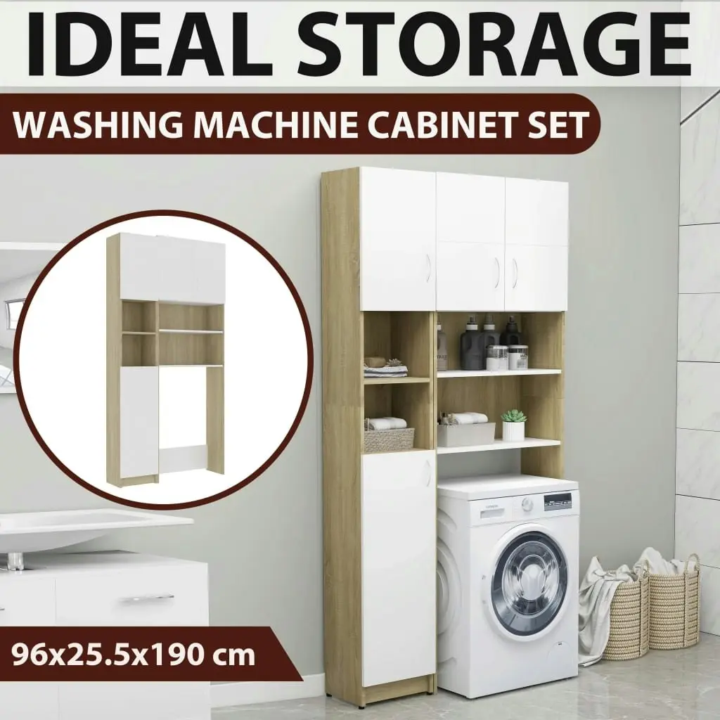 Washing Machine Cabinet Set White and Sonoma Oak Engineered Wood 3055641