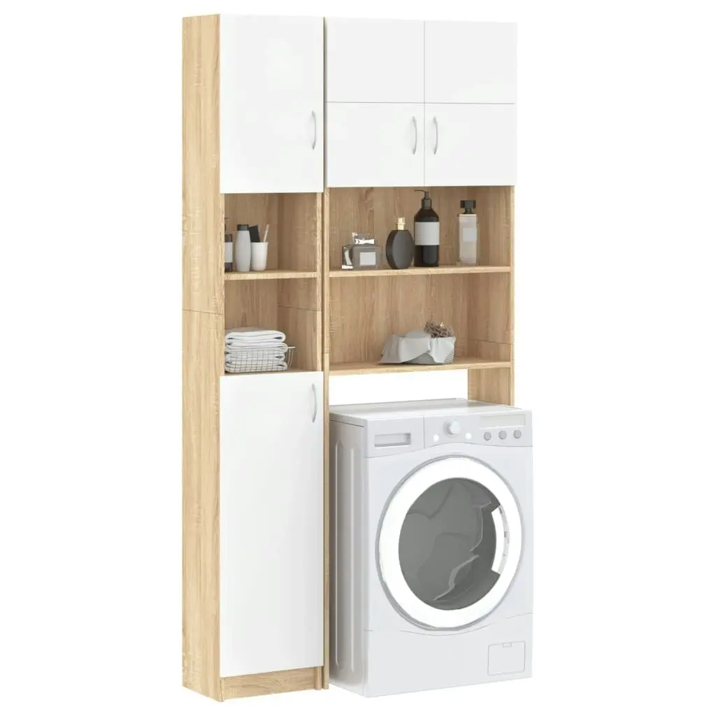 Washing Machine Cabinet Set White and Sonoma Oak Engineered Wood 3055641