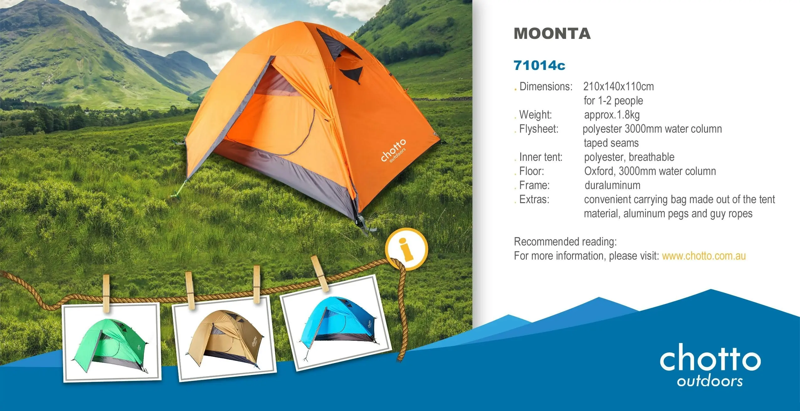 Chotto Outdoor - Moonta (2 people) Camping Tent - Orange