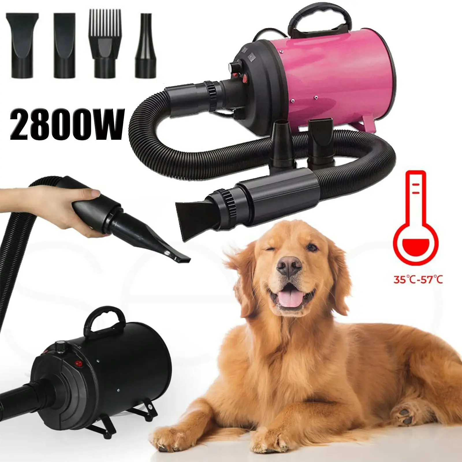 2800W Dog Dryer High Velocity Pet Blow Adjustable Speed 4 Nozzles - One Size