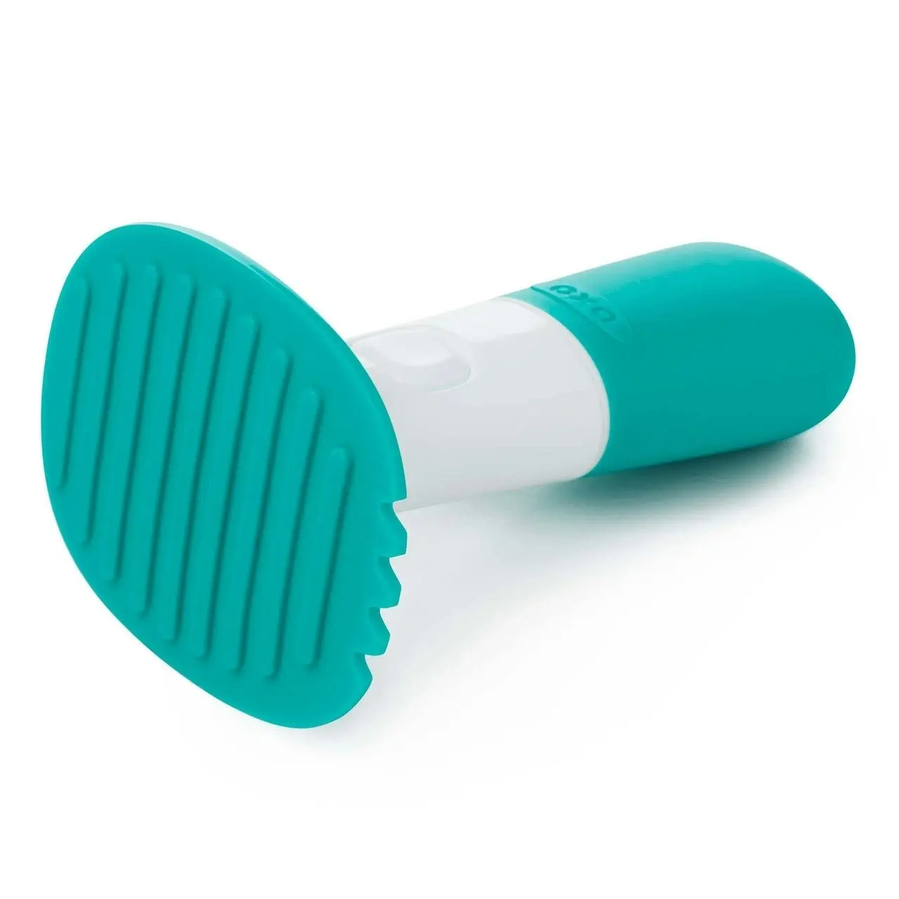 OXO Tot Compact Portable Baby Food Masher Teal With Masher Teeth And Steep Bowl