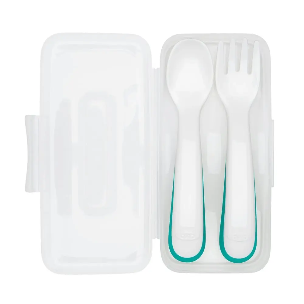 OXO Tot On-The-Go Non-slip Handles Plastic Fork & Spoon Set With Travel Case Teal