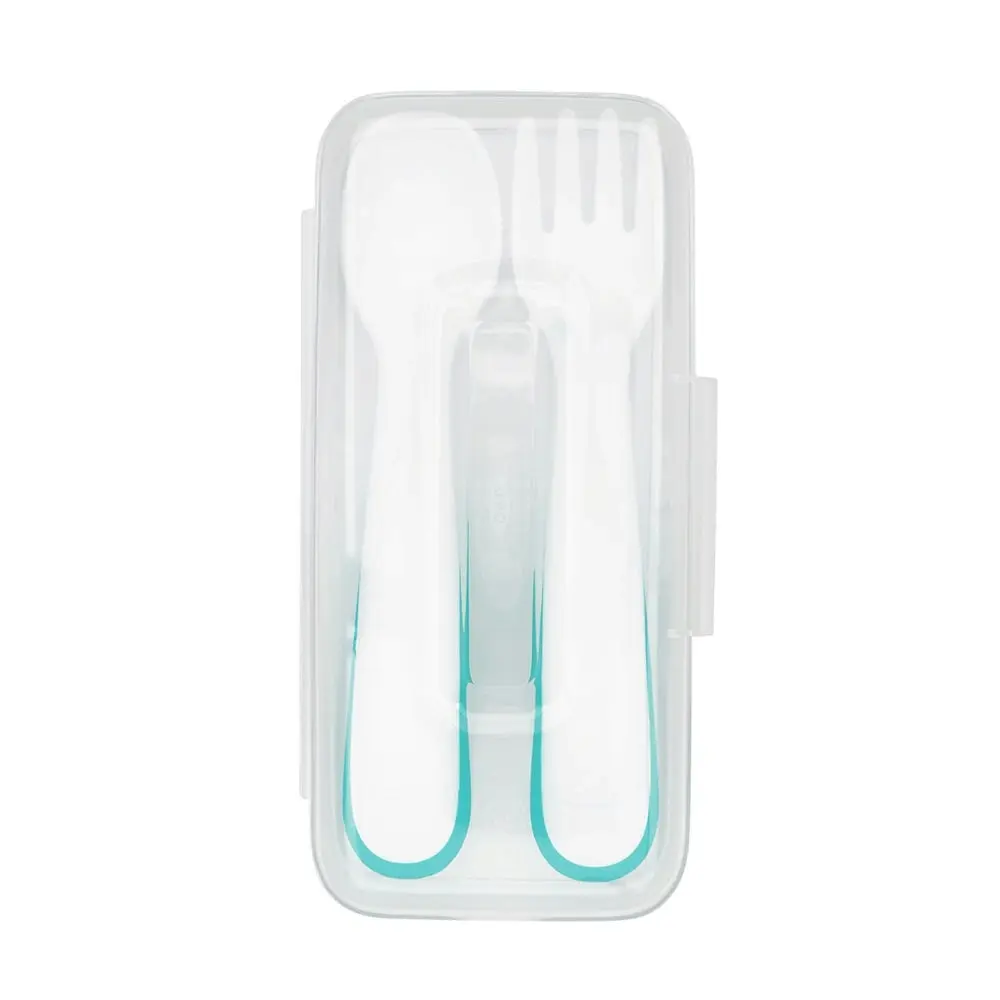 OXO Tot On-The-Go Non-slip Handles Plastic Fork & Spoon Set With Travel Case Teal