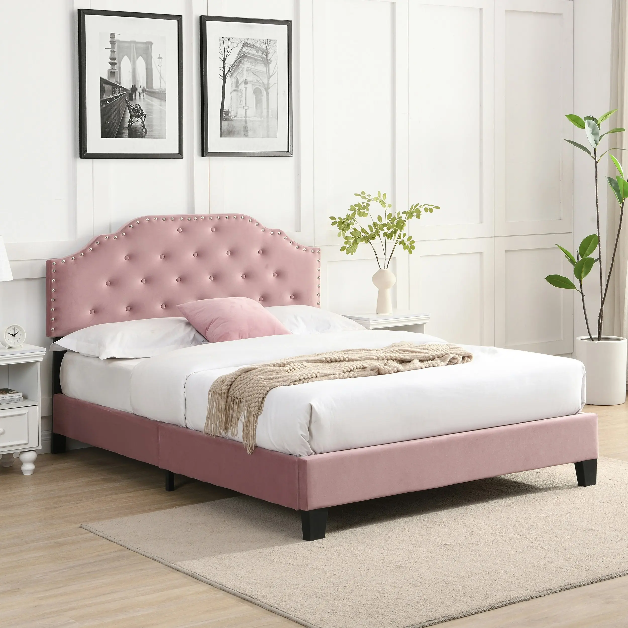 IHOMDEC BEF02 Queen Size Upholstered Velvet Button Tufted Bed Frame Pink