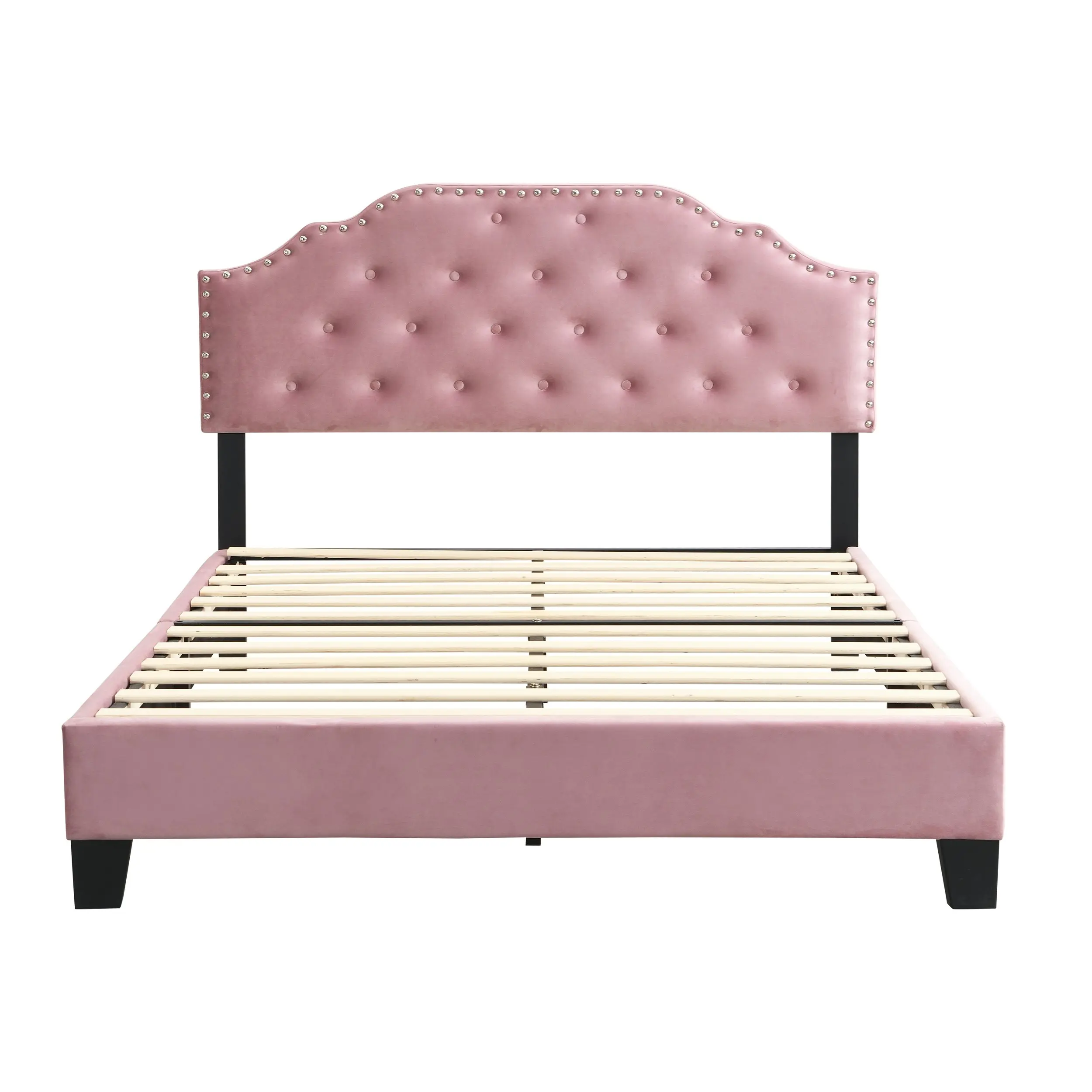 IHOMDEC BEF02 Queen Size Upholstered Velvet Button Tufted Bed Frame Pink