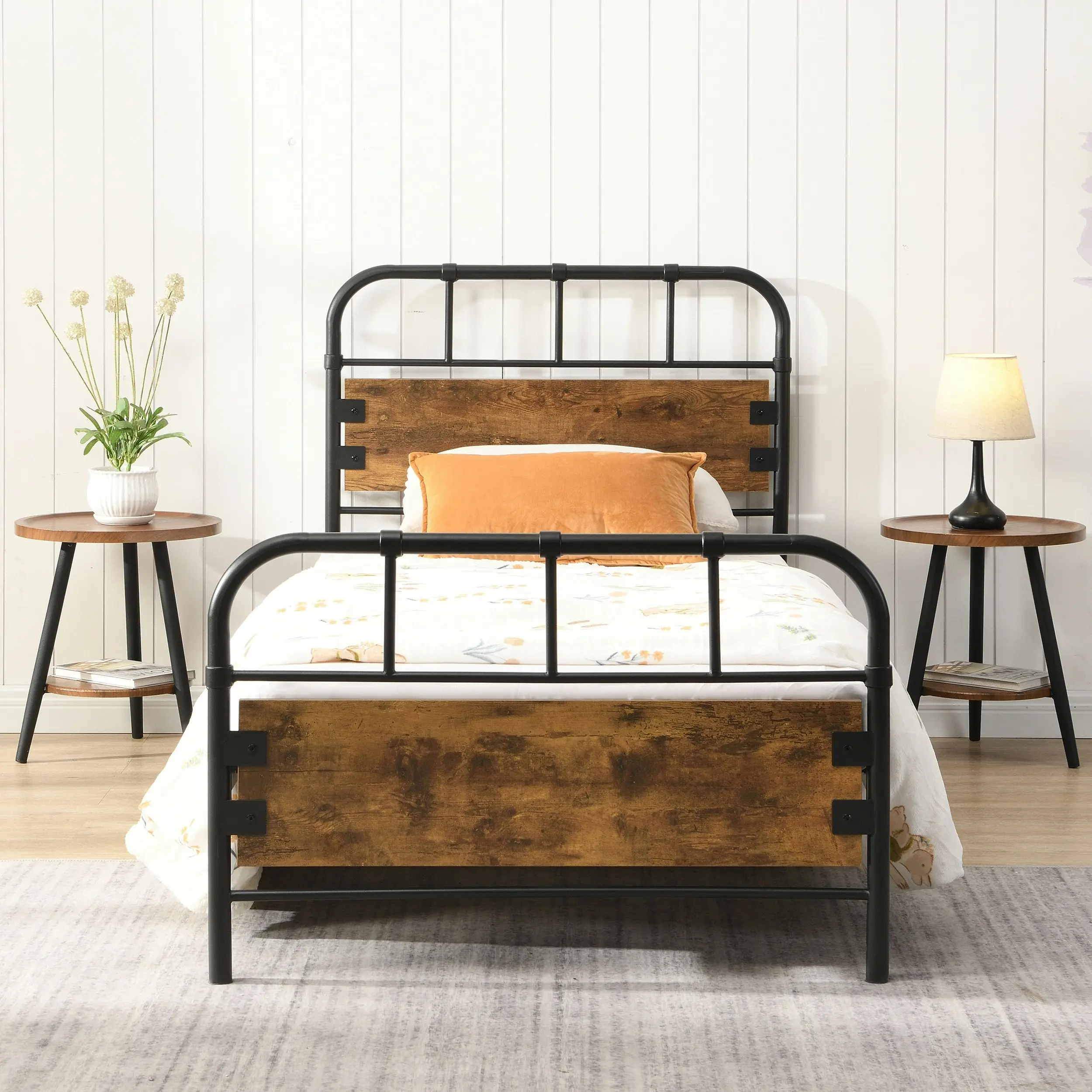 IHOMDEC Single Kid¡¯s Bed Metal Tube Frame Base Black&Rust Dark Brown