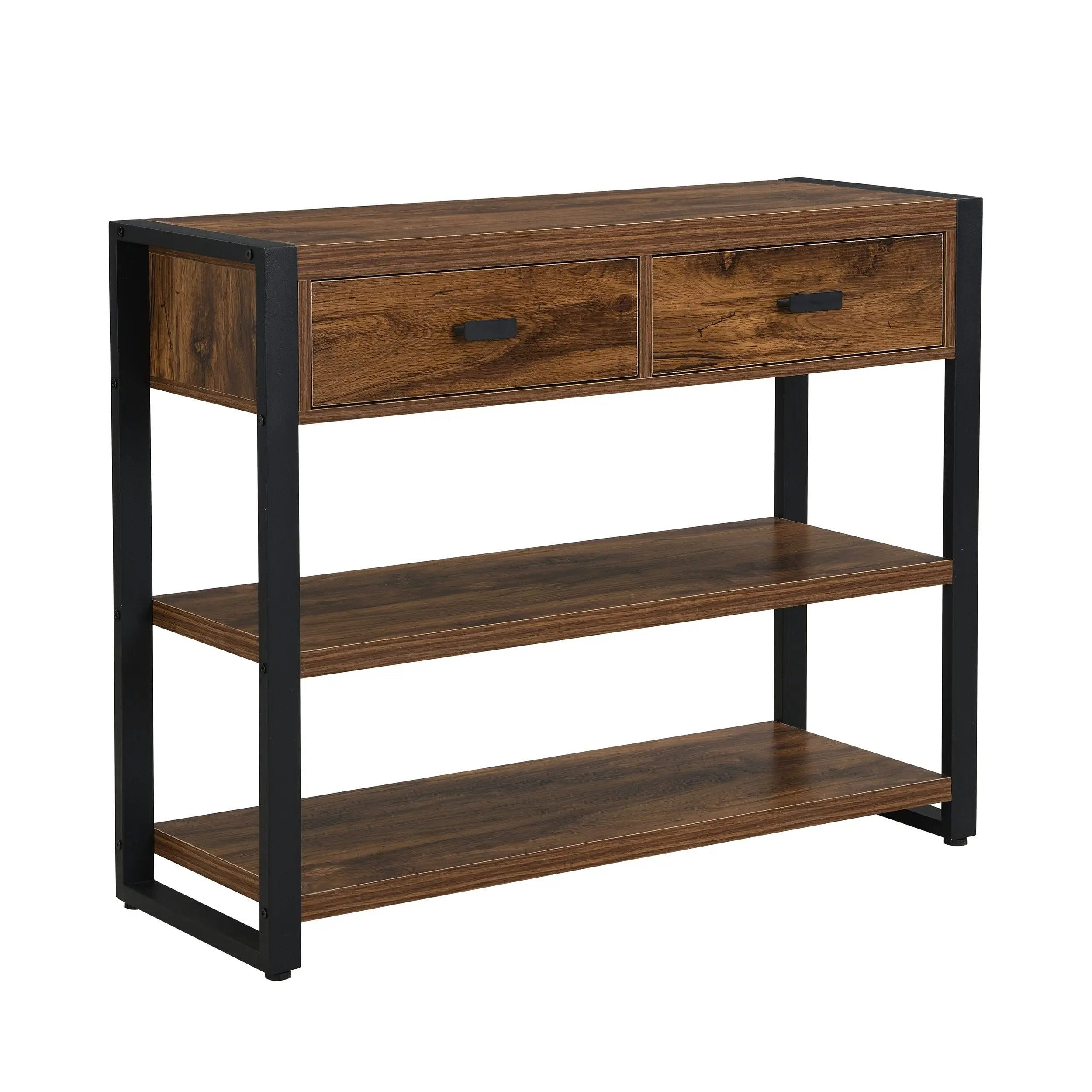 IHOMDEC MDF and Metal Frames Console Table with Shelves and Two Drawers Rust Dark Brown