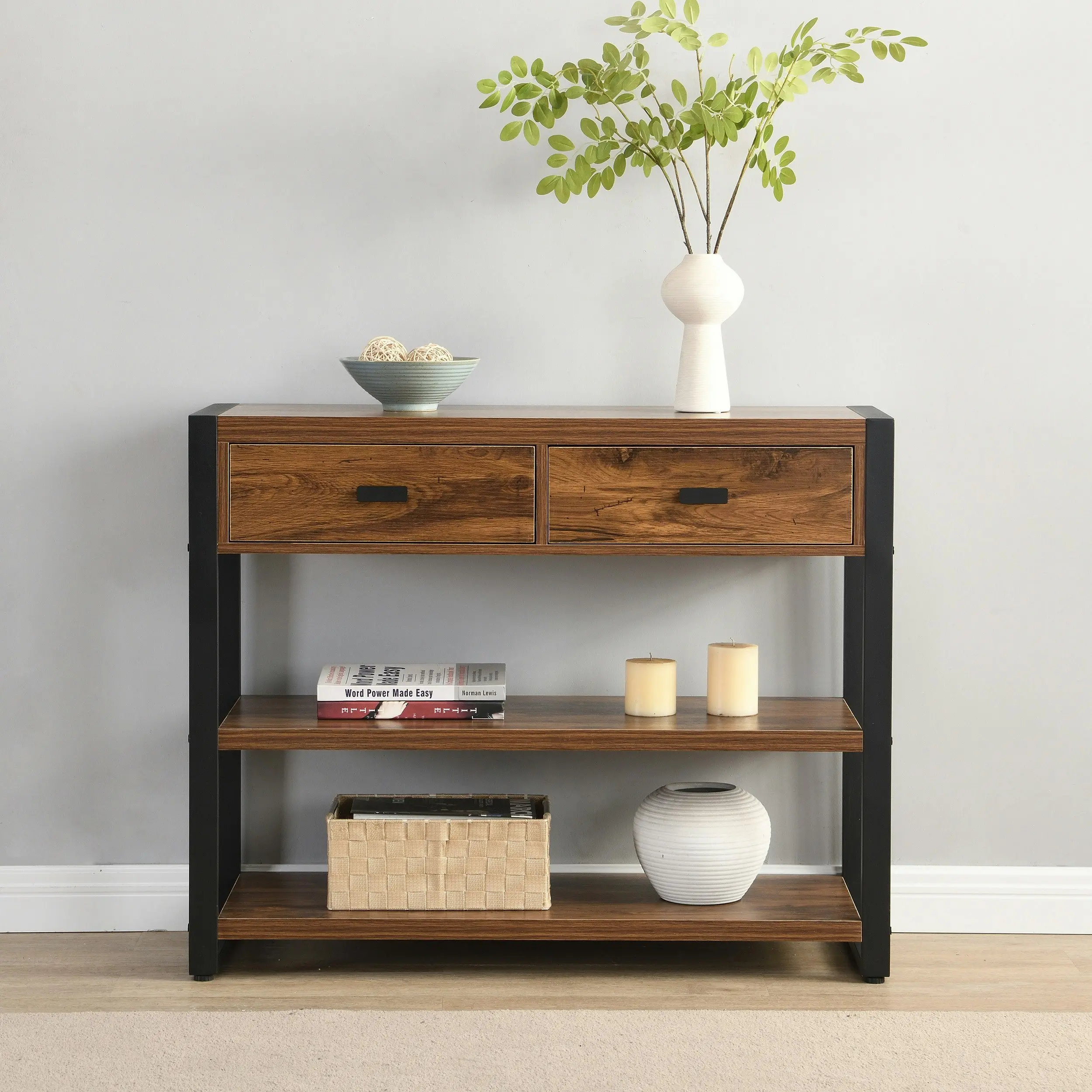 IHOMDEC MDF and Metal Frames Console Table with Shelves and Two Drawers Rust Dark Brown