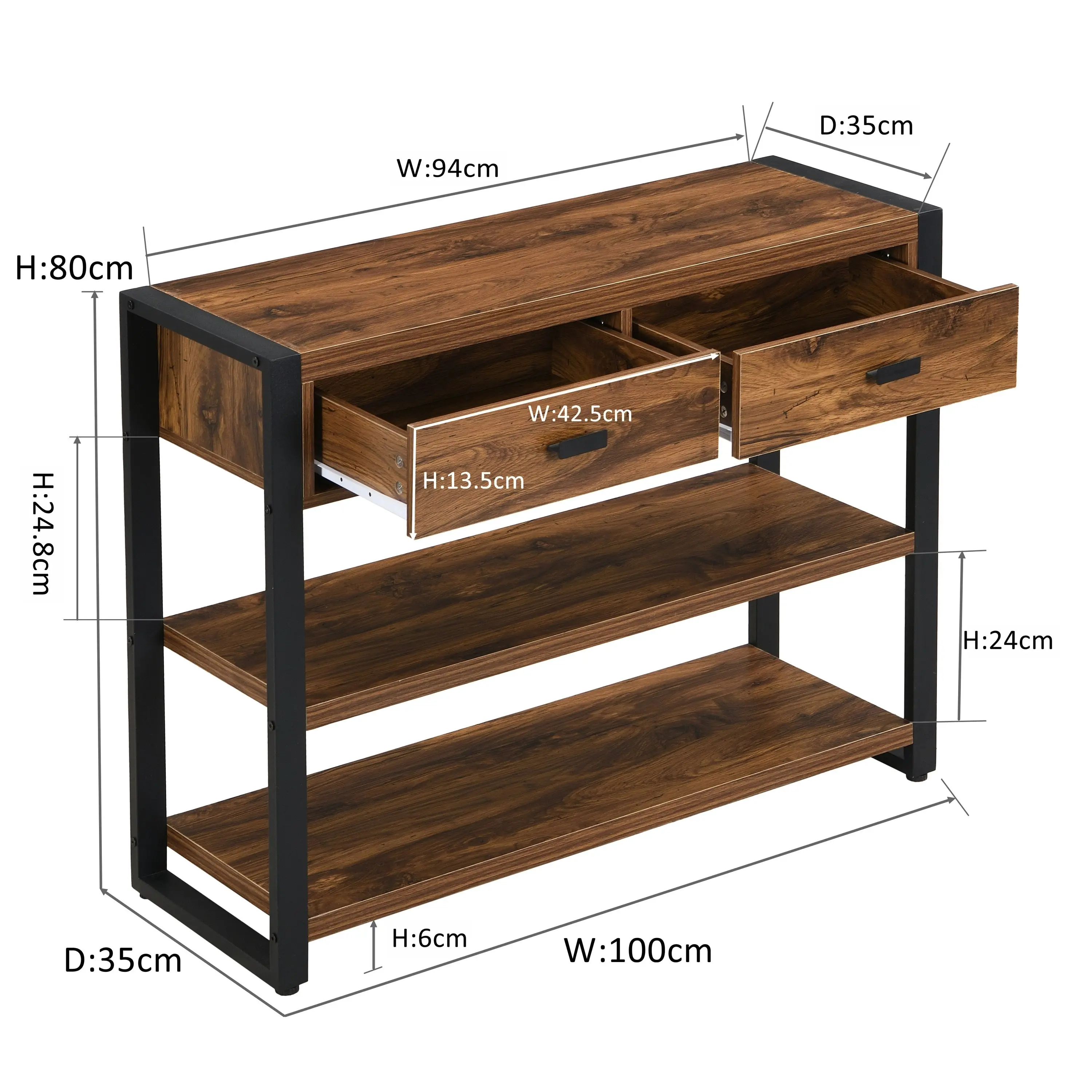 IHOMDEC MDF and Metal Frames Console Table with Shelves and Two Drawers Rust Dark Brown