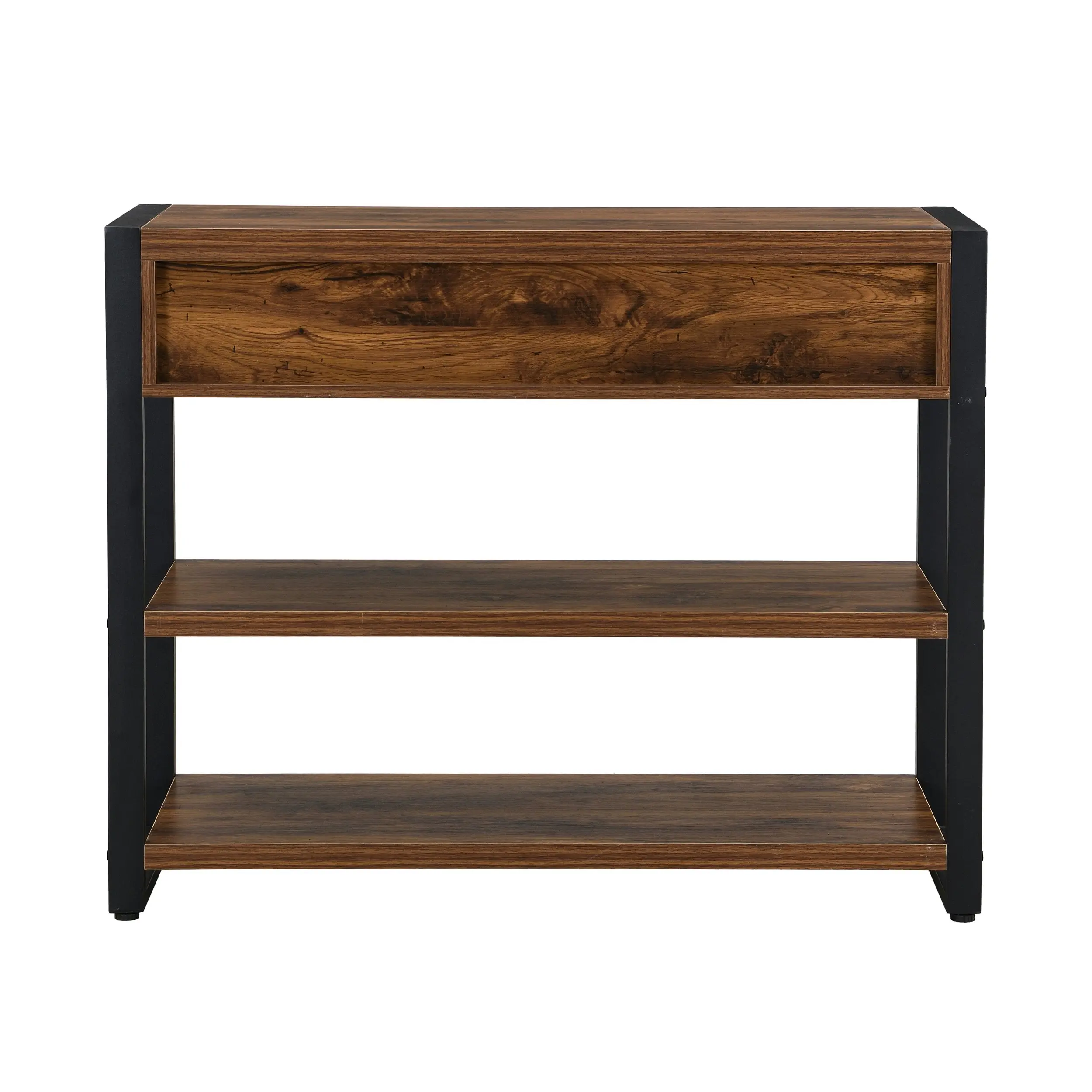 IHOMDEC MDF and Metal Frames Console Table with Shelves and Two Drawers Rust Dark Brown