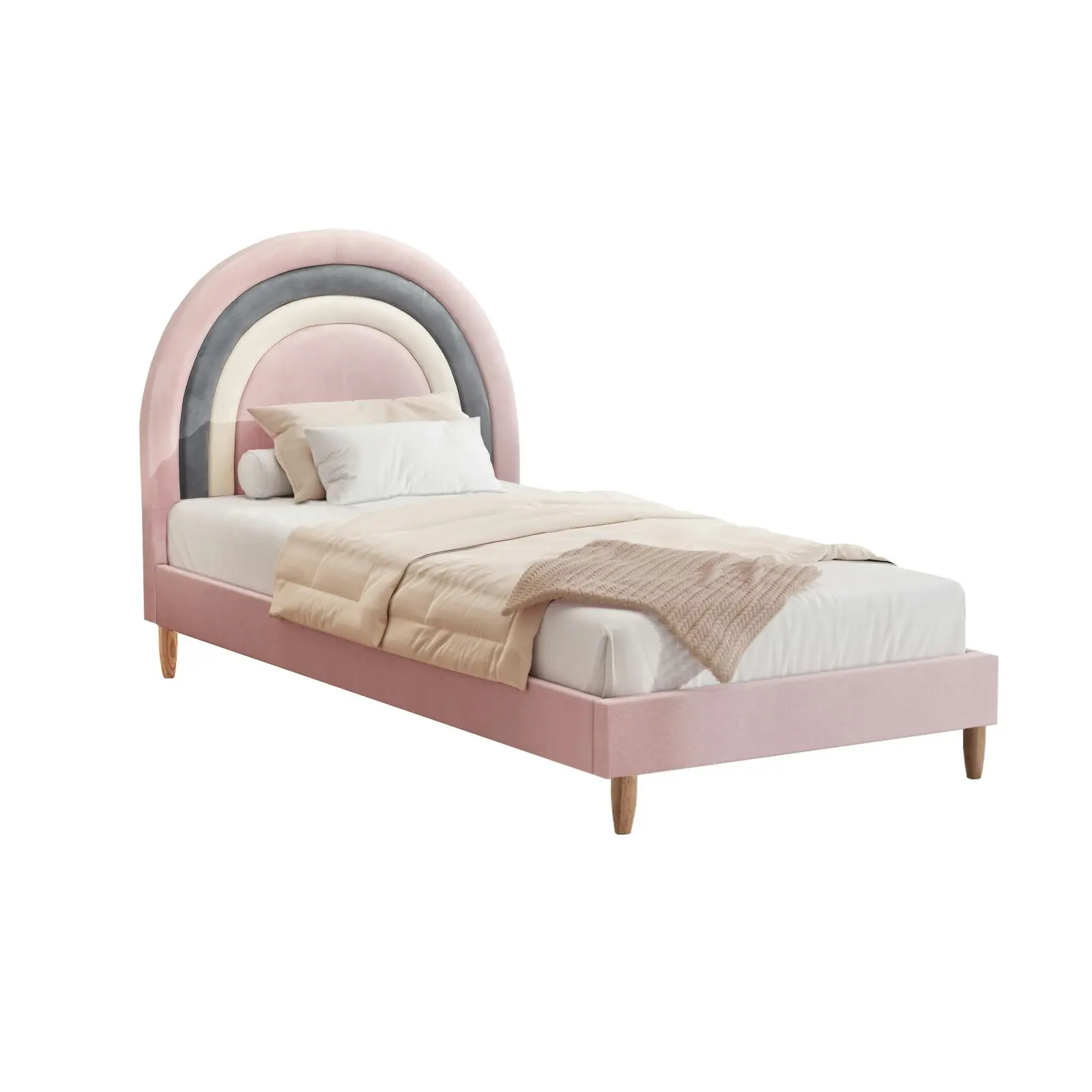 Oikiture Bed Frame Kids Single Bed Pink Velvet RABOW