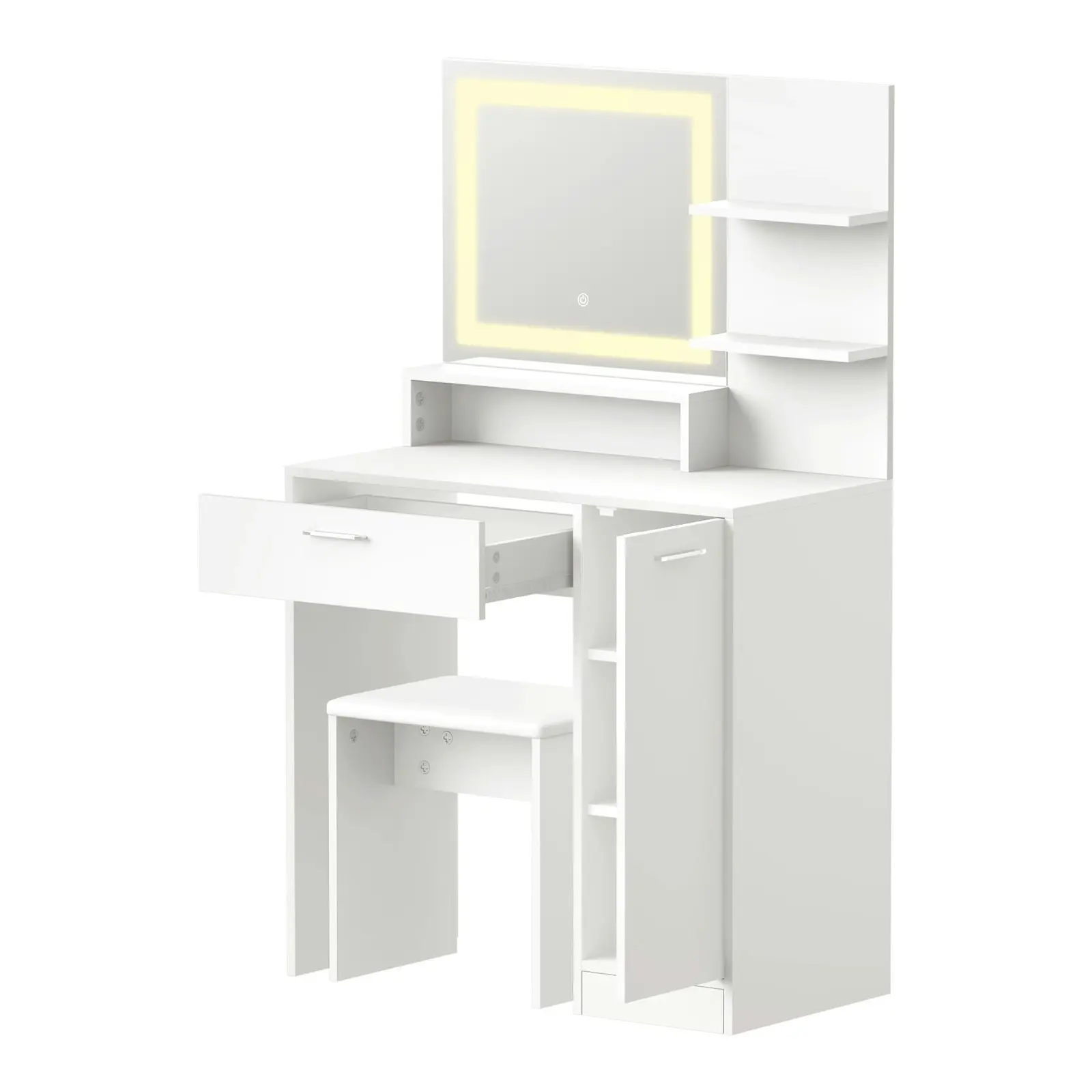 Oikiture Dressing Table Stool Set Makeup Mirror LED Light Large Cabinet White