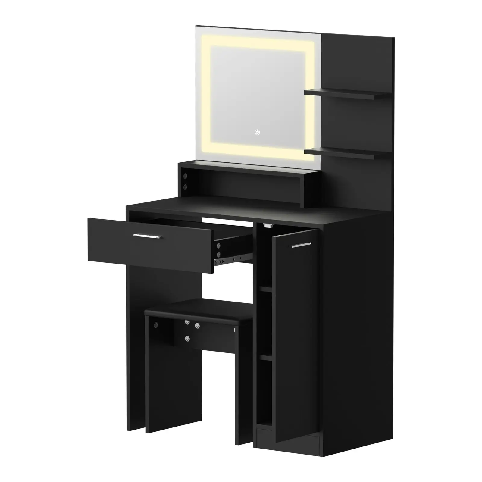 Oikiture Dressing Table Stool Set Makeup Mirror LED Light Large Cabinet Black