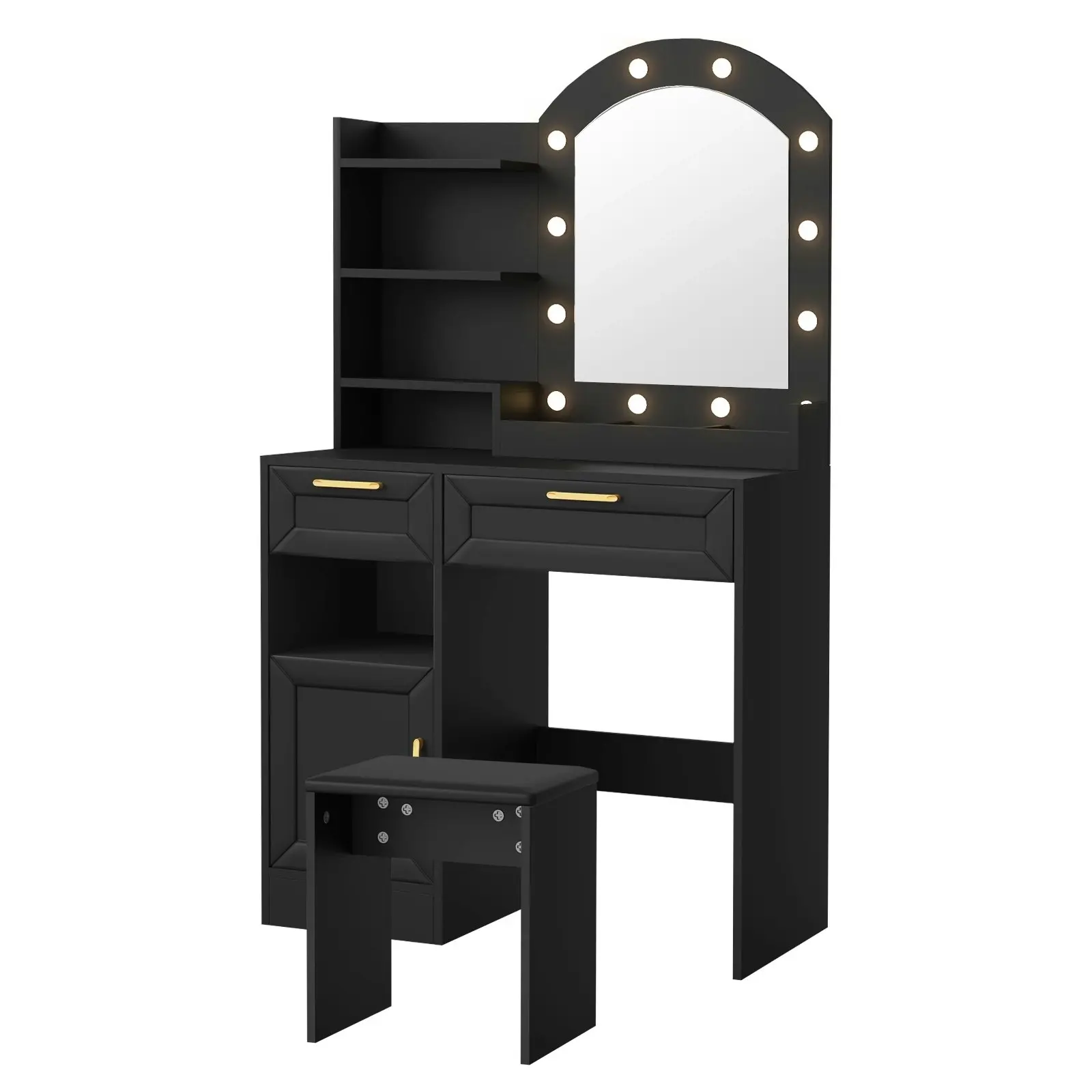 Oikiture Dressing Table Stool Set Vanity Desk Makeup Mirror 12 LED Bulbs Black