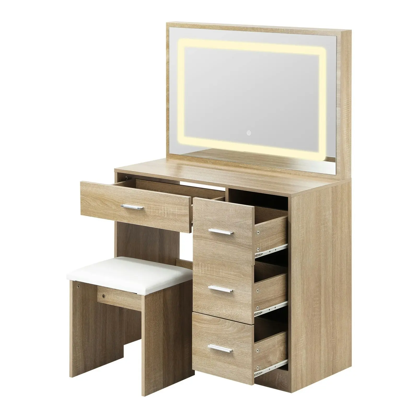 Oikiture Dressing Table Stool Set Large Makeup Mirror LED Light Vanity Natural