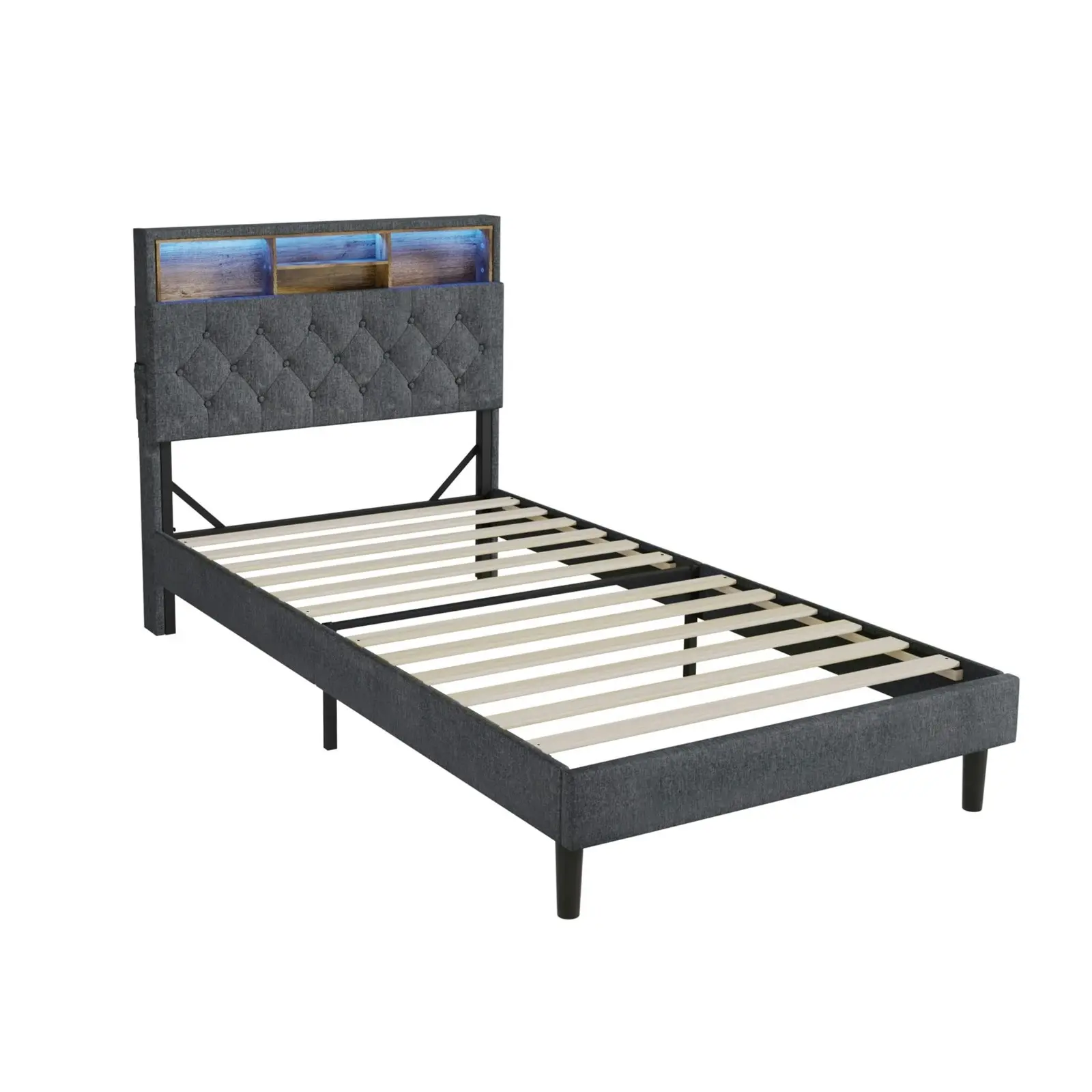 Oikiture Bed Frame King Single Beds Base with LED Storage Bedhead NOVI