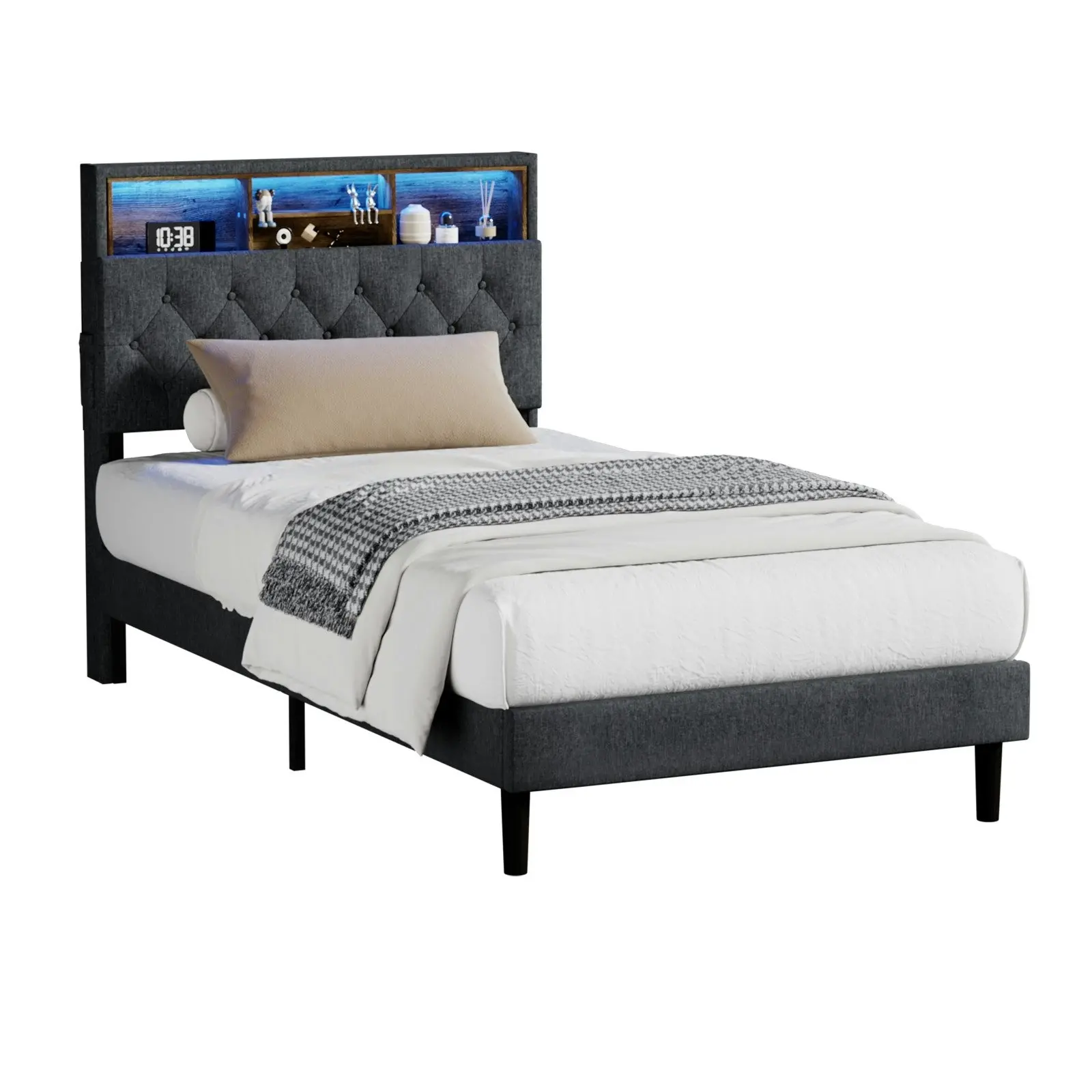 Oikiture Bed Frame King Single Beds Base with LED Storage Bedhead NOVI