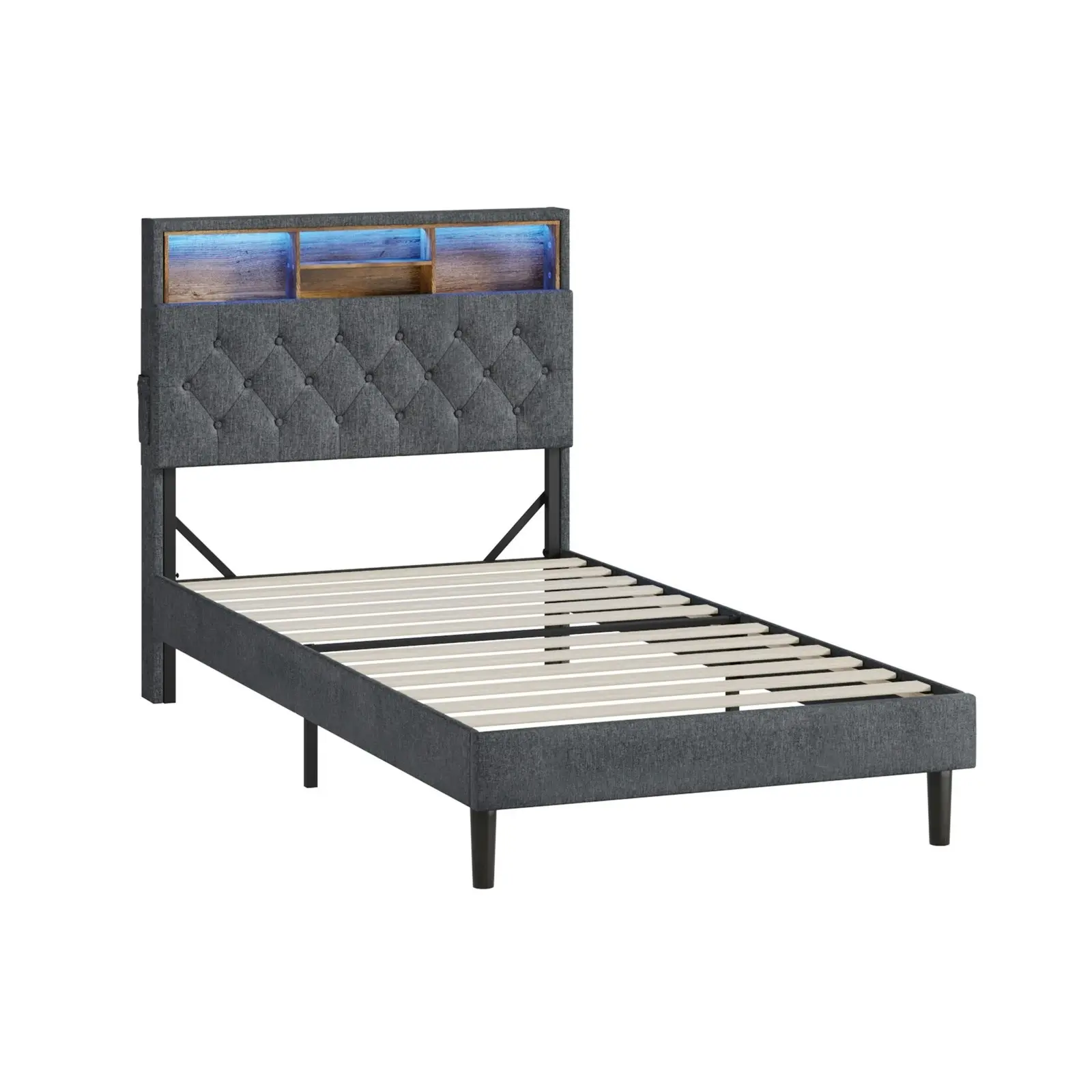 Oikiture Bed Frame King Single Beds Base with LED Storage Bedhead NOVI