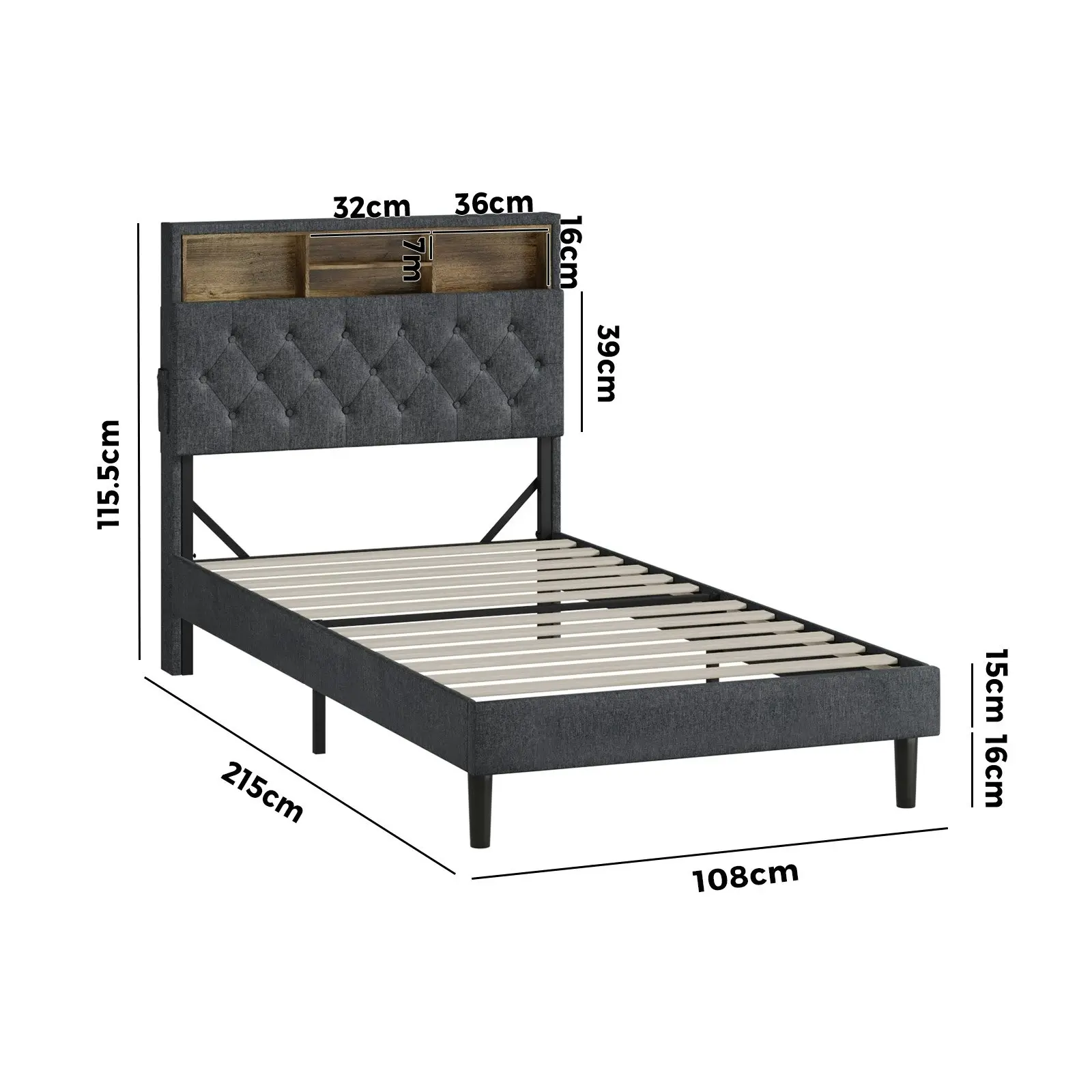 Oikiture Bed Frame King Single Beds Base with LED Storage Bedhead NOVI