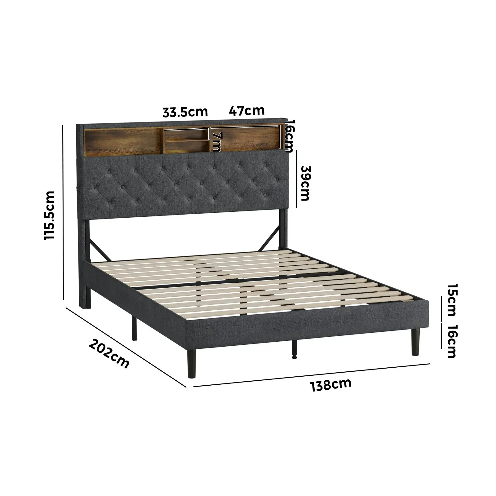 Oikiture Bed Frame Double Size Beds Base with LED Storage Bedhead NOVI