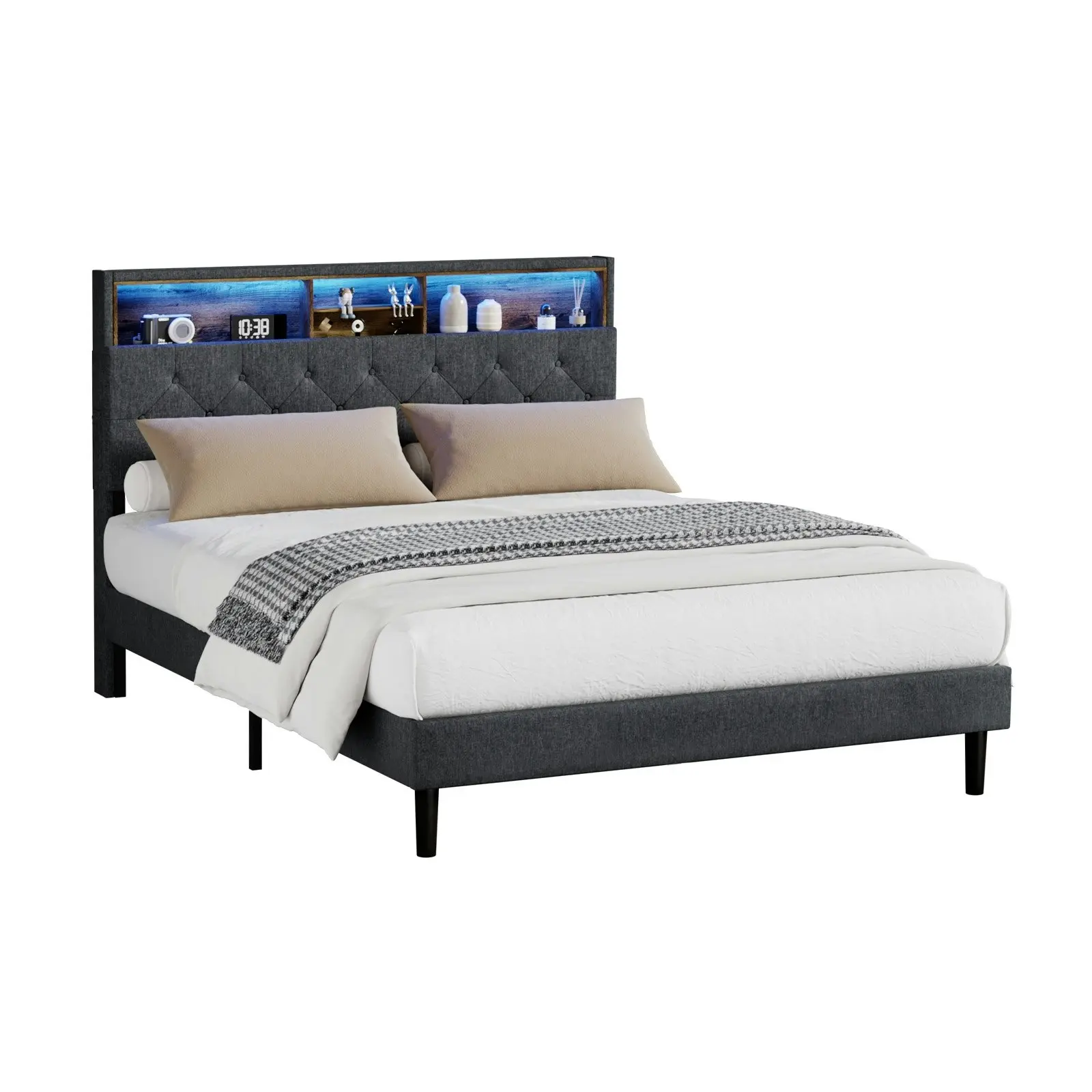 Oikiture Bed Frame Double Size Beds Base with LED Storage Bedhead NOVI