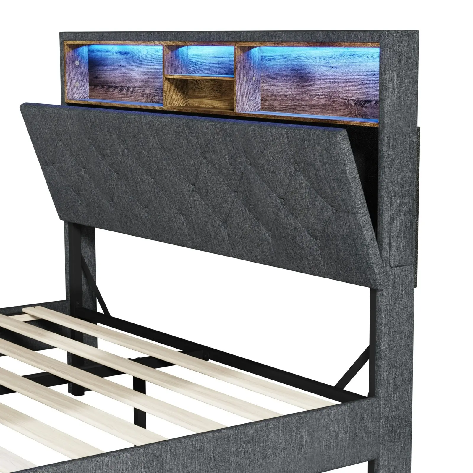 Oikiture Bed Frame Double Size Beds Base with LED Storage Bedhead NOVI