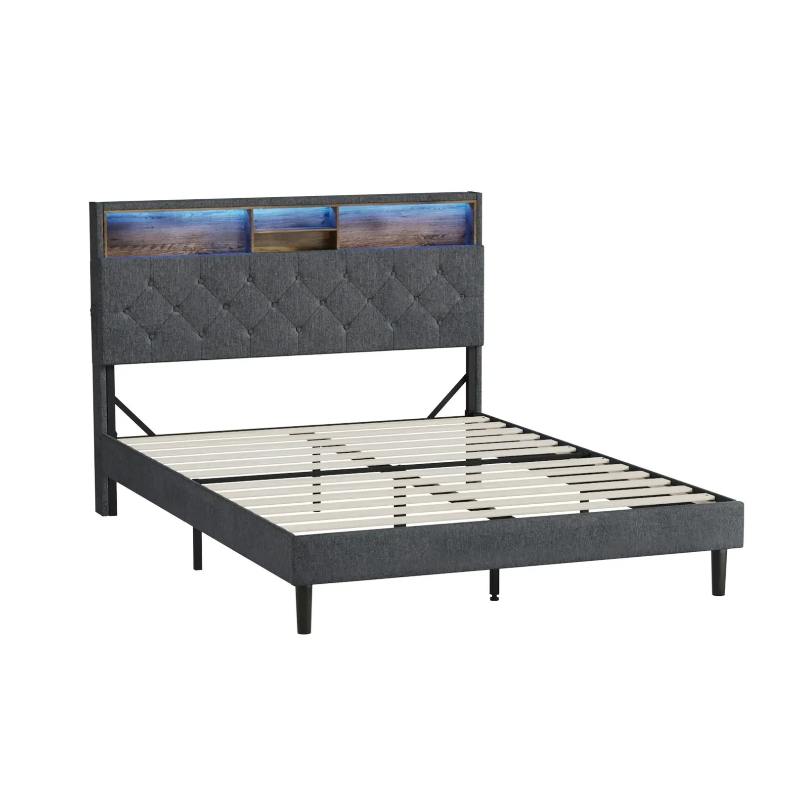 Oikiture Bed Frame Double Size Beds Base with LED Storage Bedhead NOVI