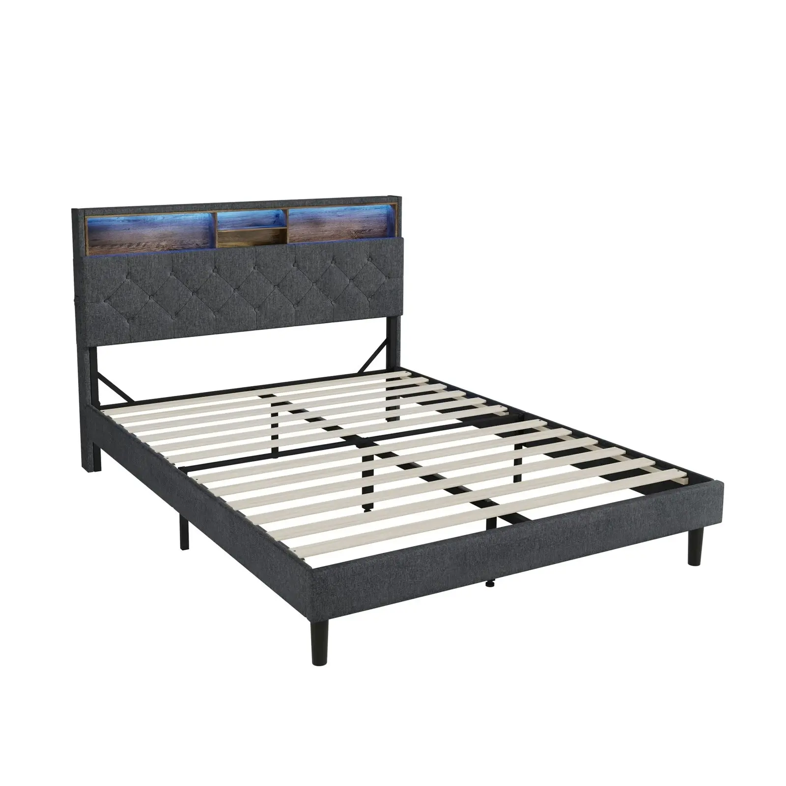 Oikiture Bed Frame Double Size Beds Base with LED Storage Bedhead NOVI