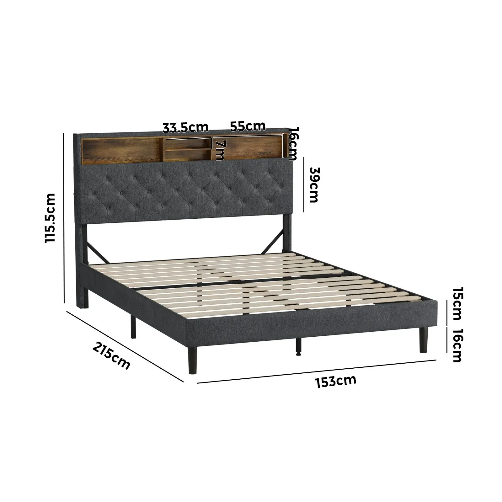 Oikiture Bed Frame Queen Size Beds Base with LED Storage Bedhead NOVI