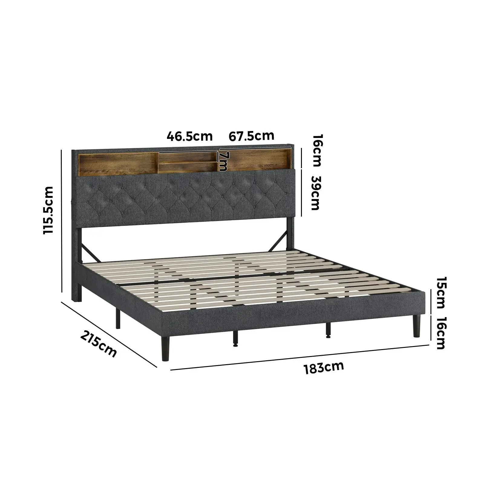 Oikiture Bed Frame King Size Beds Base with LED Storage Bedhead NOVI