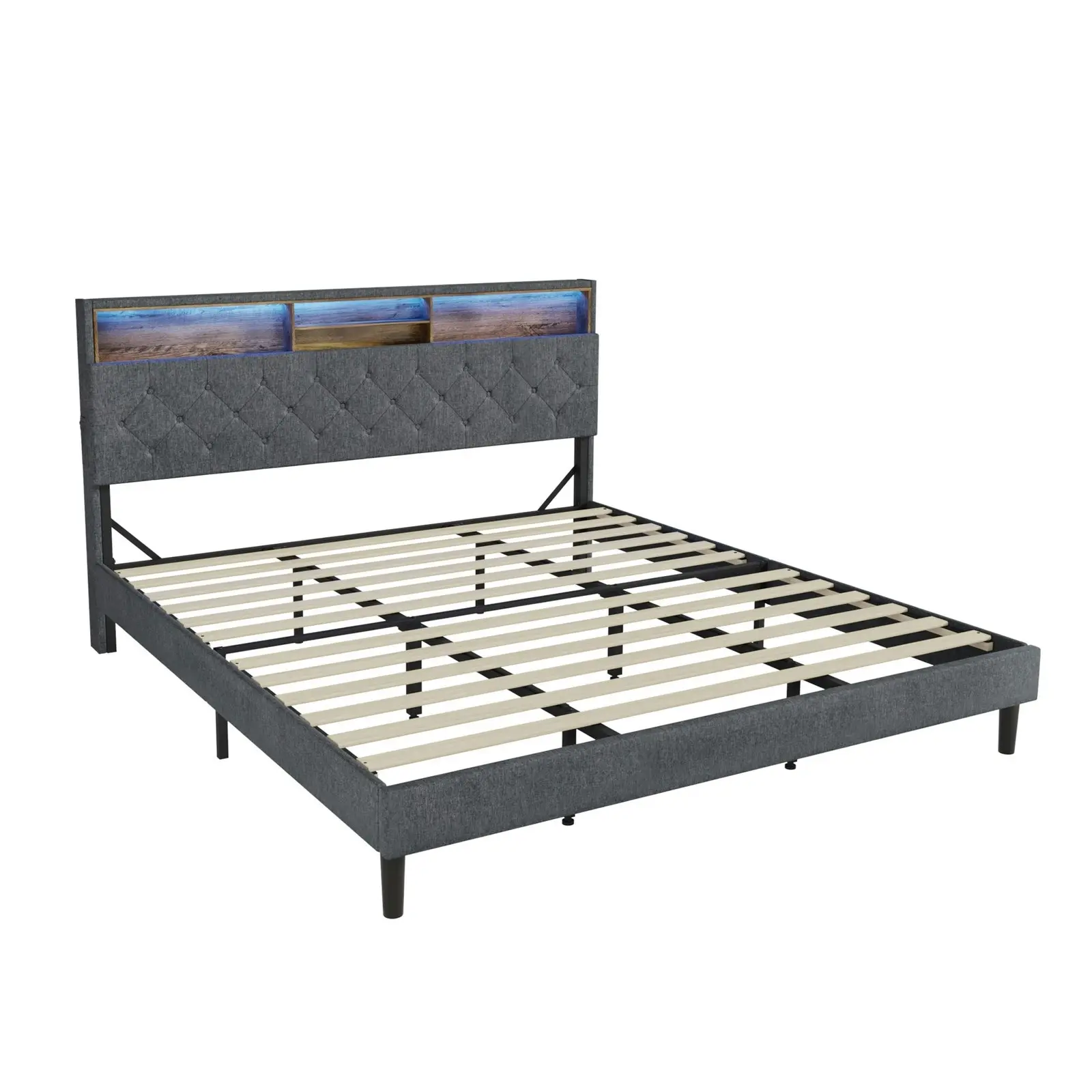 Oikiture Bed Frame King Size Beds Base with LED Storage Bedhead NOVI