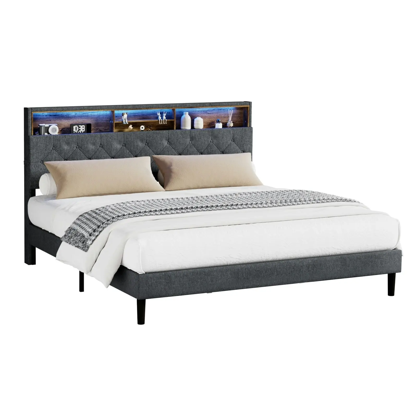 Oikiture Bed Frame King Size Beds Base with LED Storage Bedhead NOVI