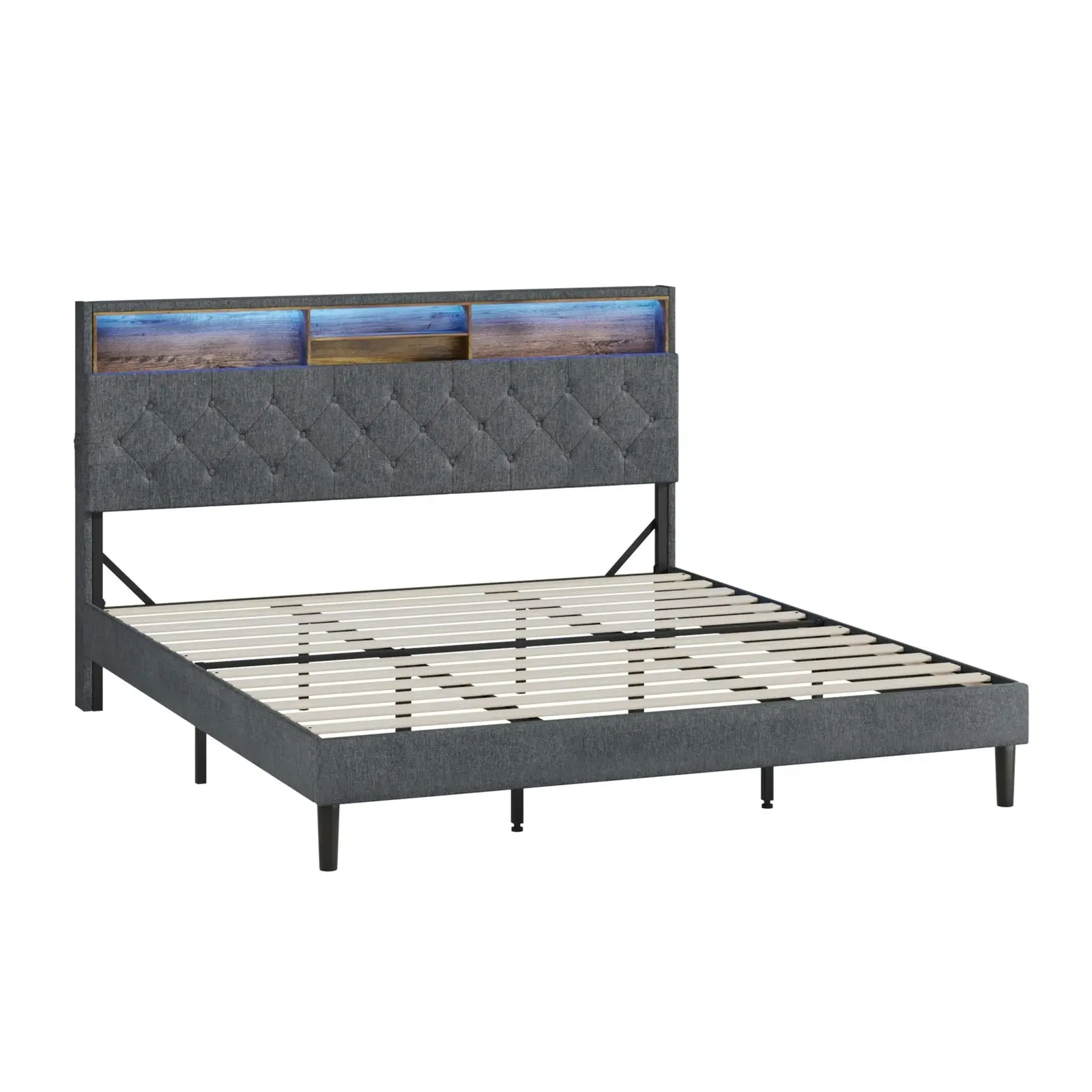 Oikiture Bed Frame King Size Beds Base with LED Storage Bedhead NOVI