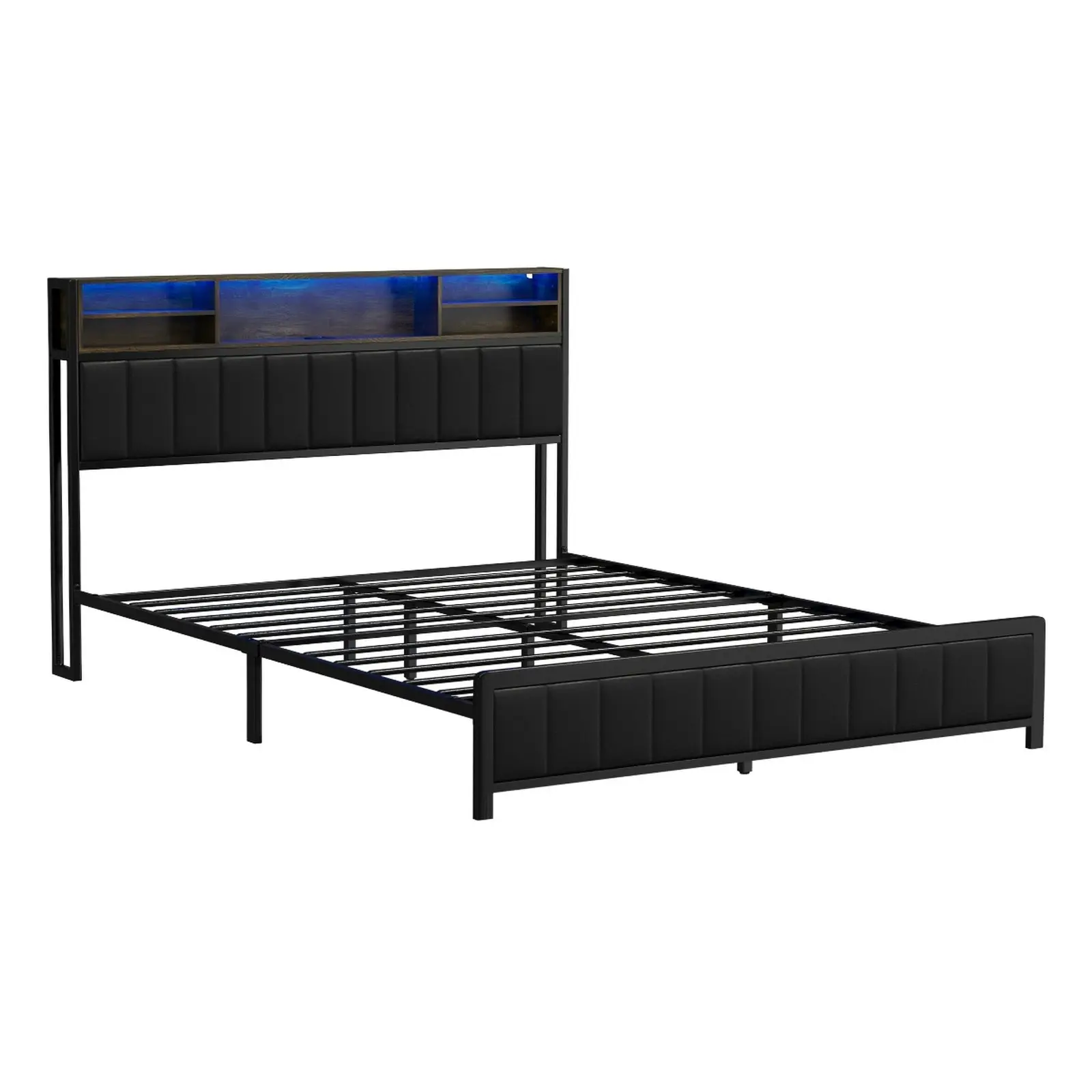 Oikiture Bed Frame Queen Size Beds Base with LED Storage Bedhead Leather Black