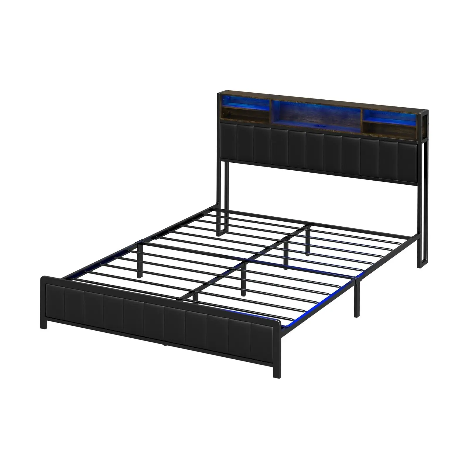 Oikiture Bed Frame Queen Size Beds Base with LED Storage Bedhead Leather Black