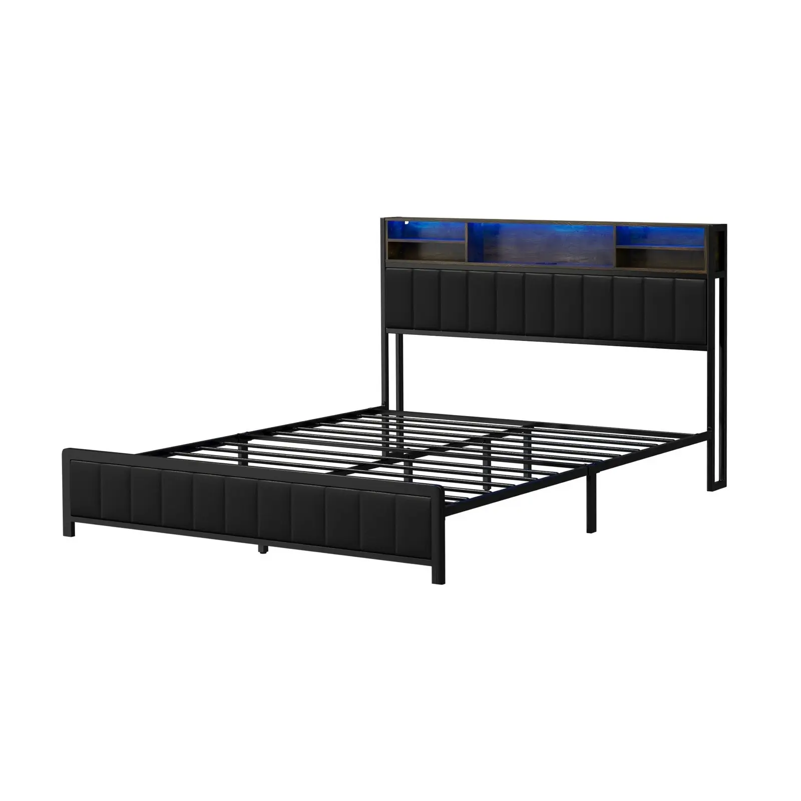 Oikiture Bed Frame Queen Size Beds Base with LED Storage Bedhead Leather Black