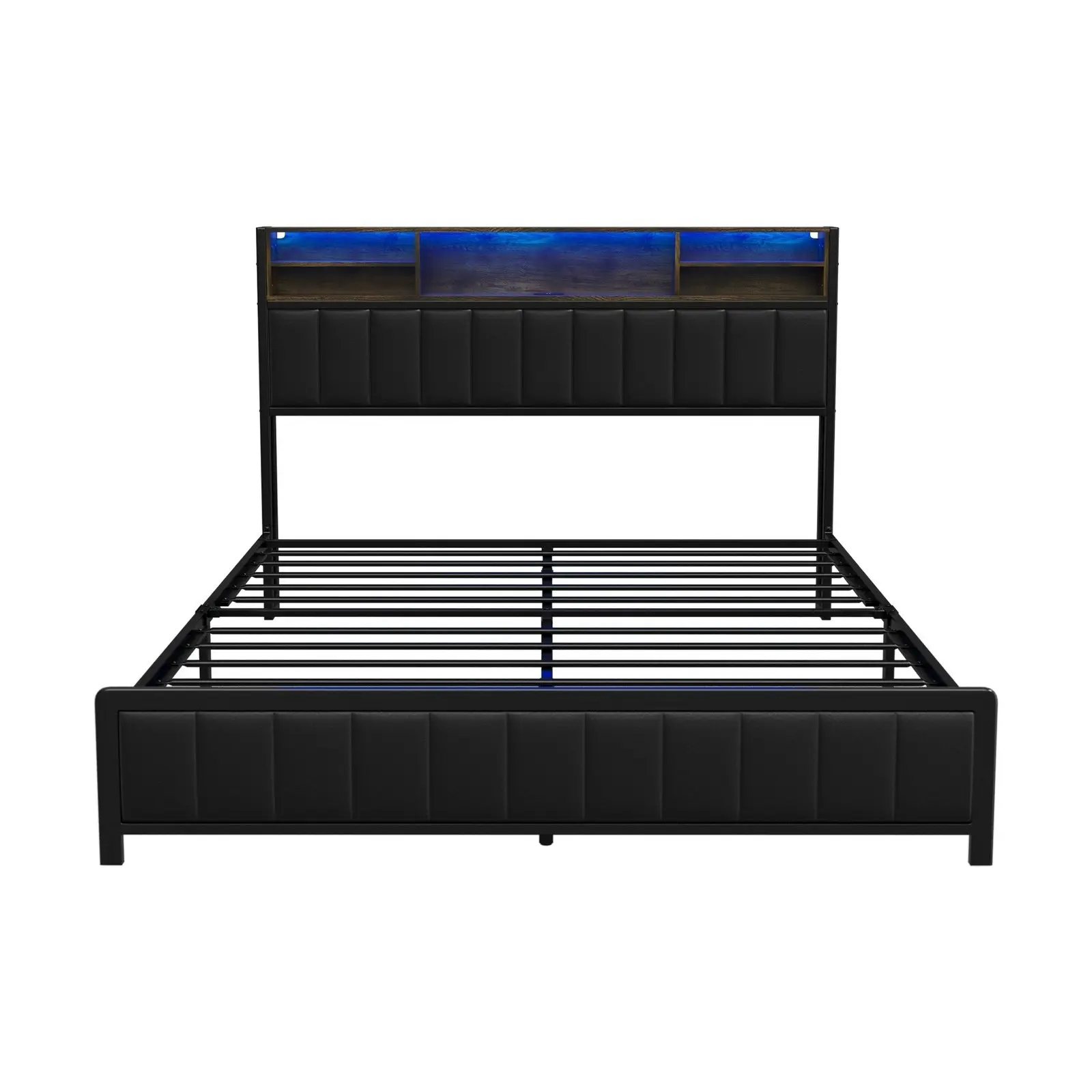 Oikiture Bed Frame Queen Size Beds Base with LED Storage Bedhead Leather Black