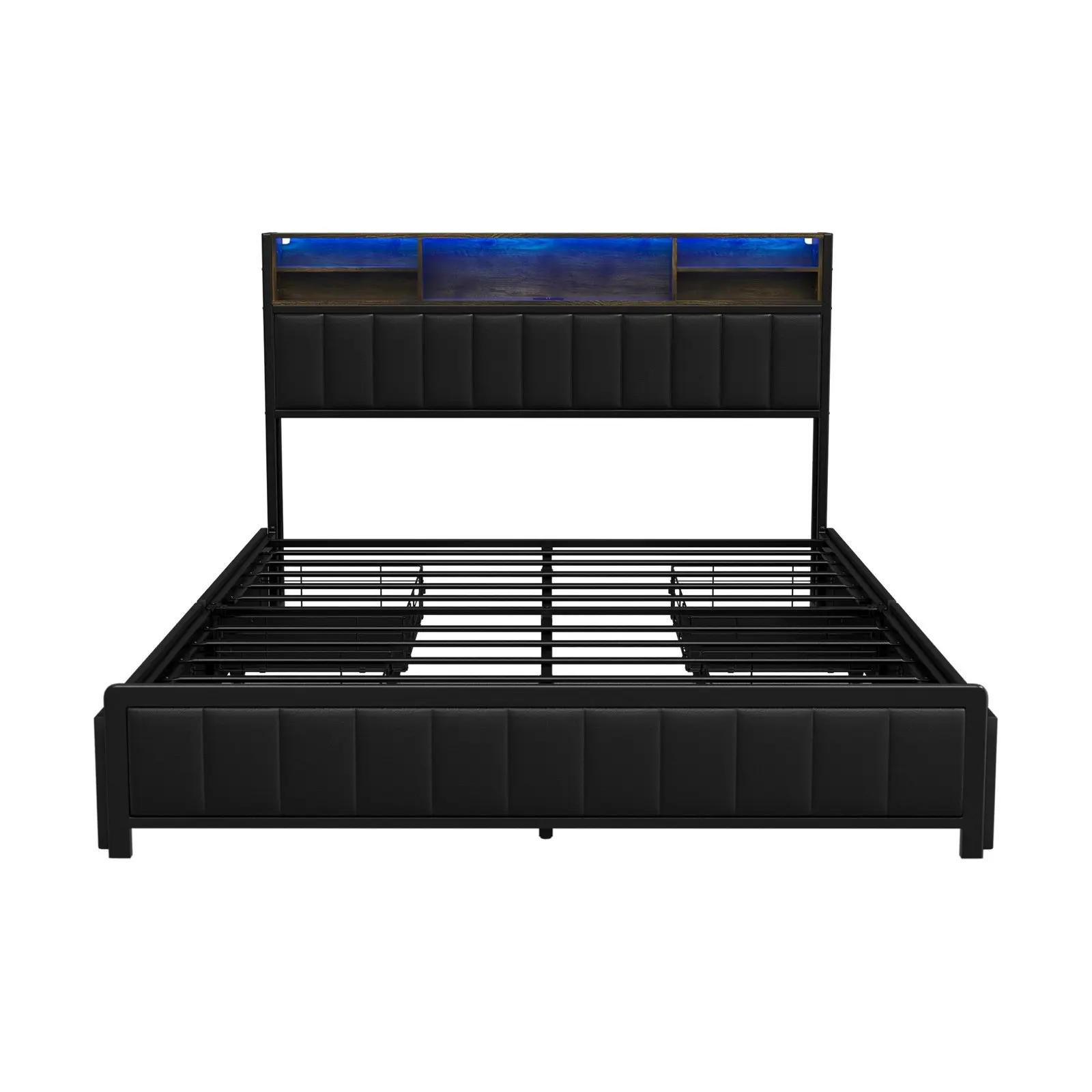 Oikiture Bed Frame Queen Size LED Bedhead Storage Drawers Leather Black