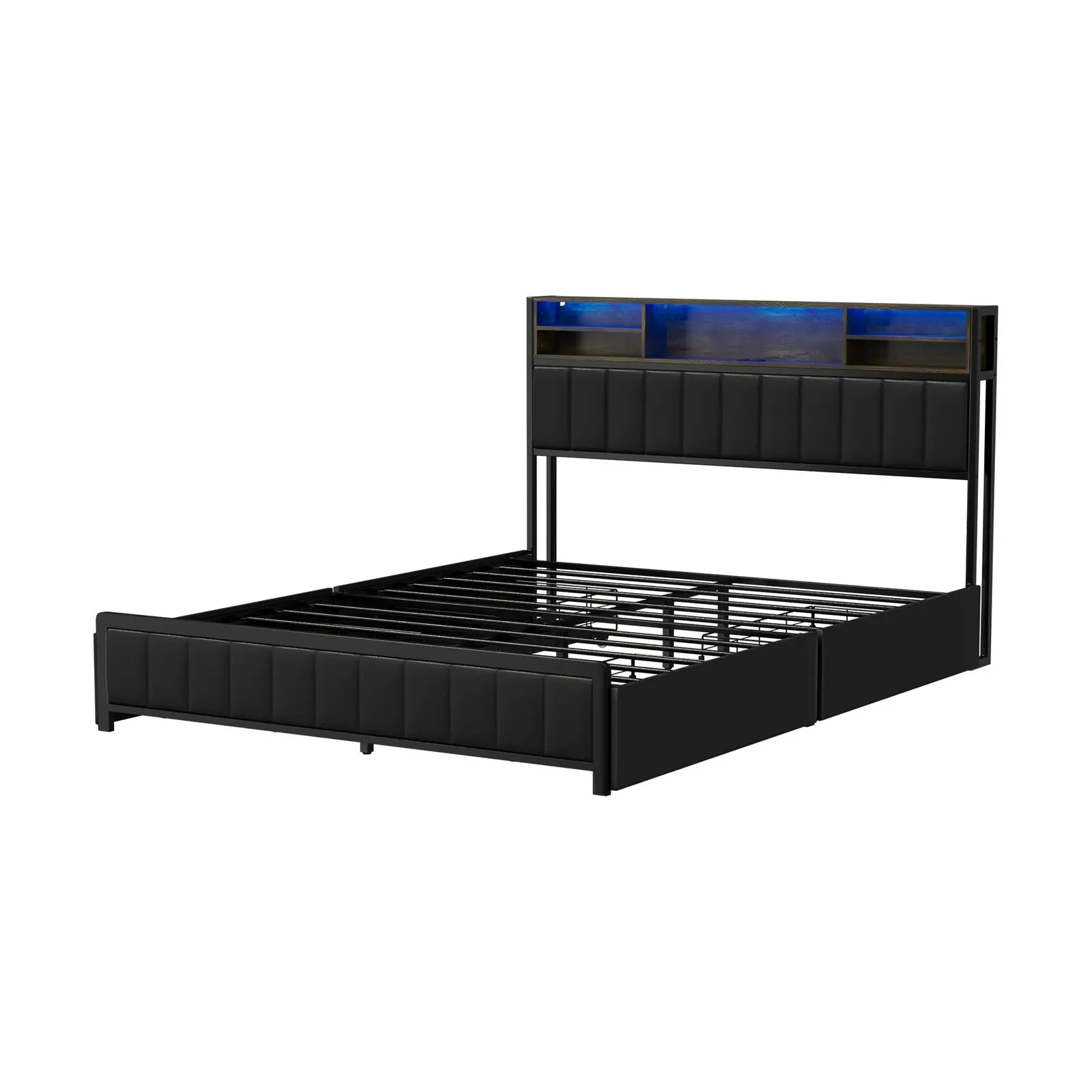 Oikiture Bed Frame Queen Size LED Bedhead Storage Drawers Leather Black