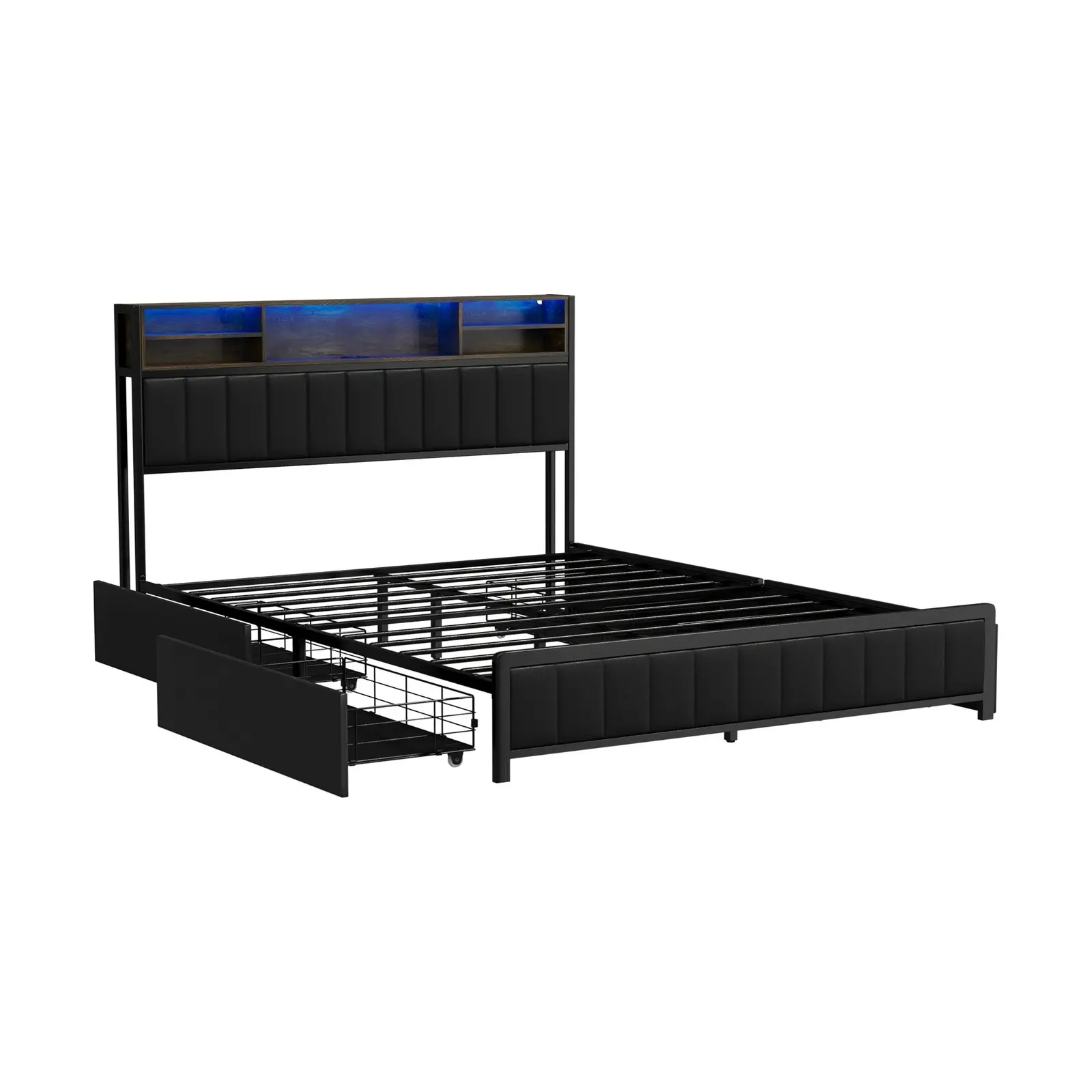 Oikiture Bed Frame Queen Size LED Bedhead Storage Drawers Leather Black