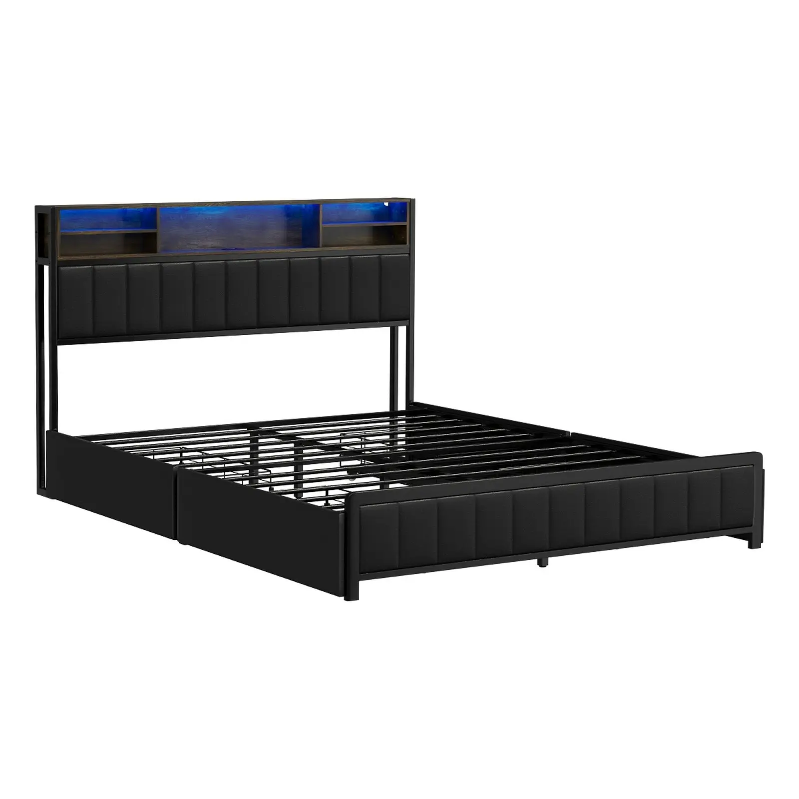 Oikiture Bed Frame Queen Size LED Bedhead Storage Drawers Leather Black