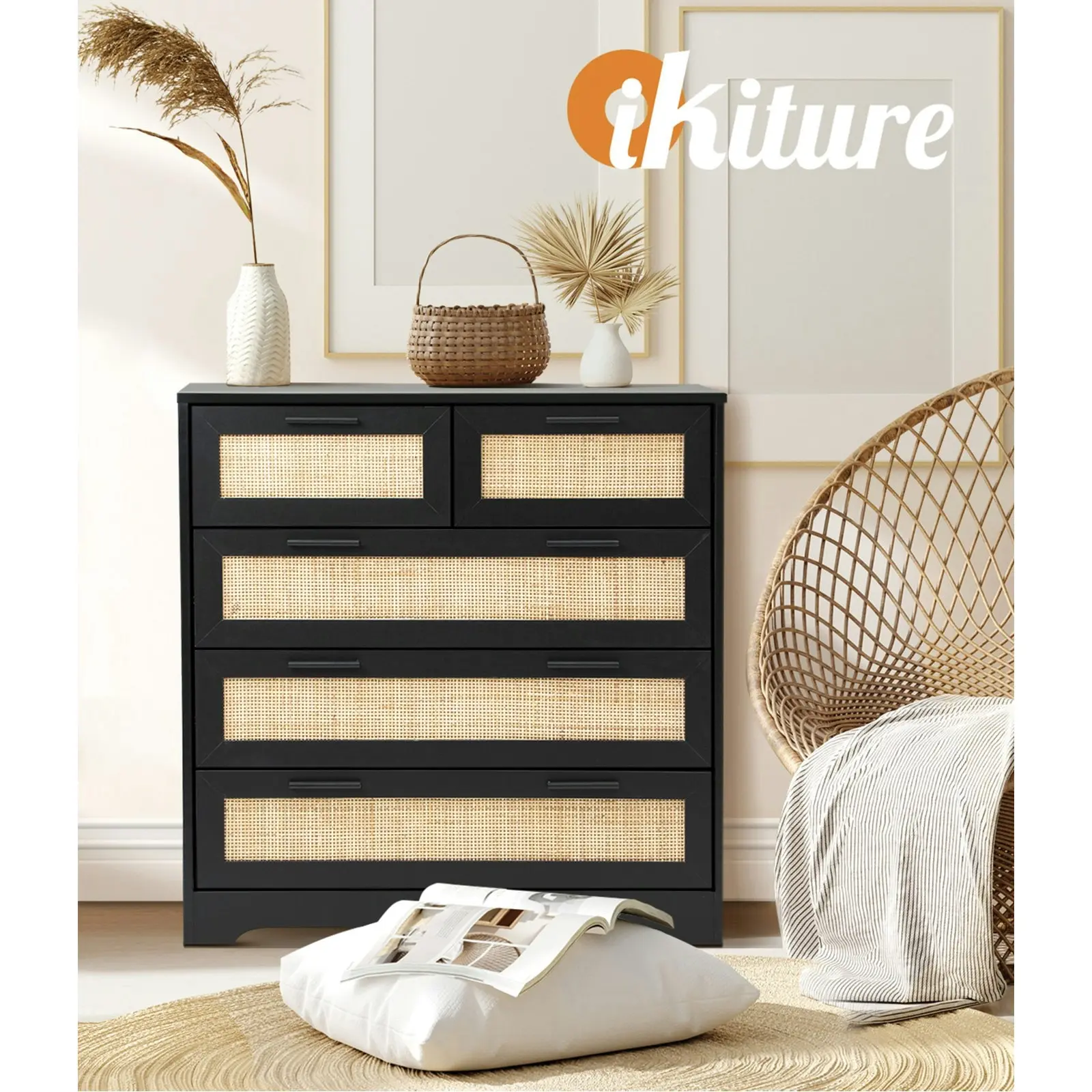 Oikiture 5 Chest of Drawers Dresser Storage Cabinet Tallboy Rattan Black