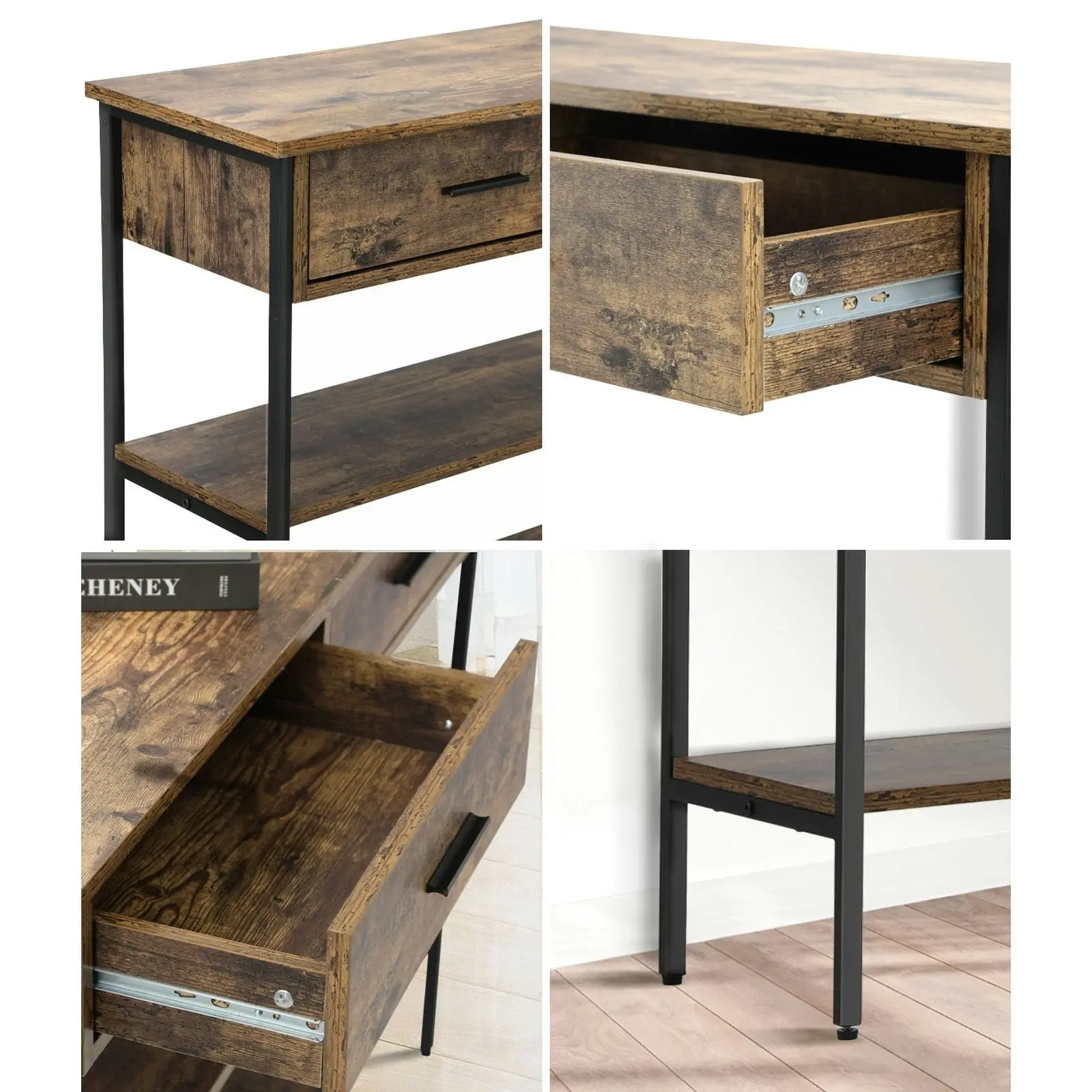 Oikiture 3-Tier Console Table Wood with 2 Drawers