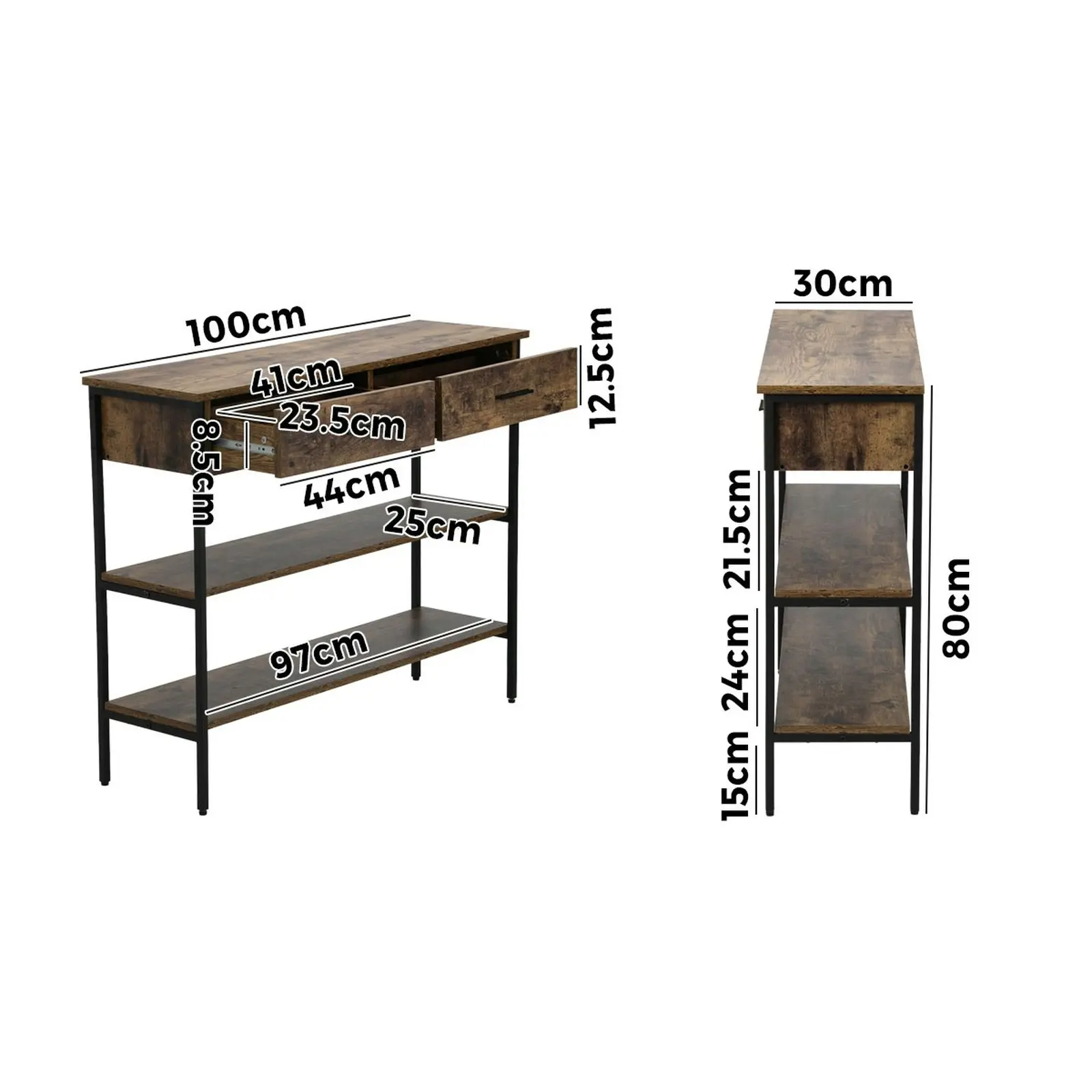 Oikiture 3-Tier Console Table Wood with 2 Drawers