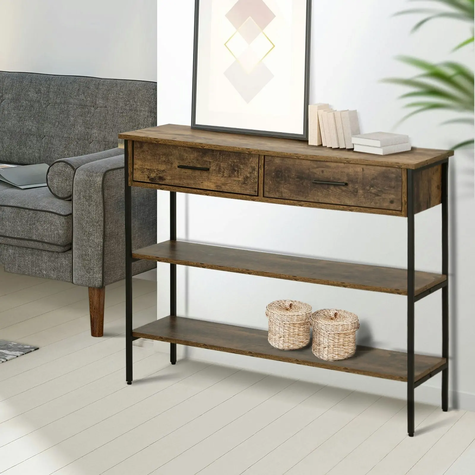 Oikiture 3-Tier Console Table Wood with 2 Drawers