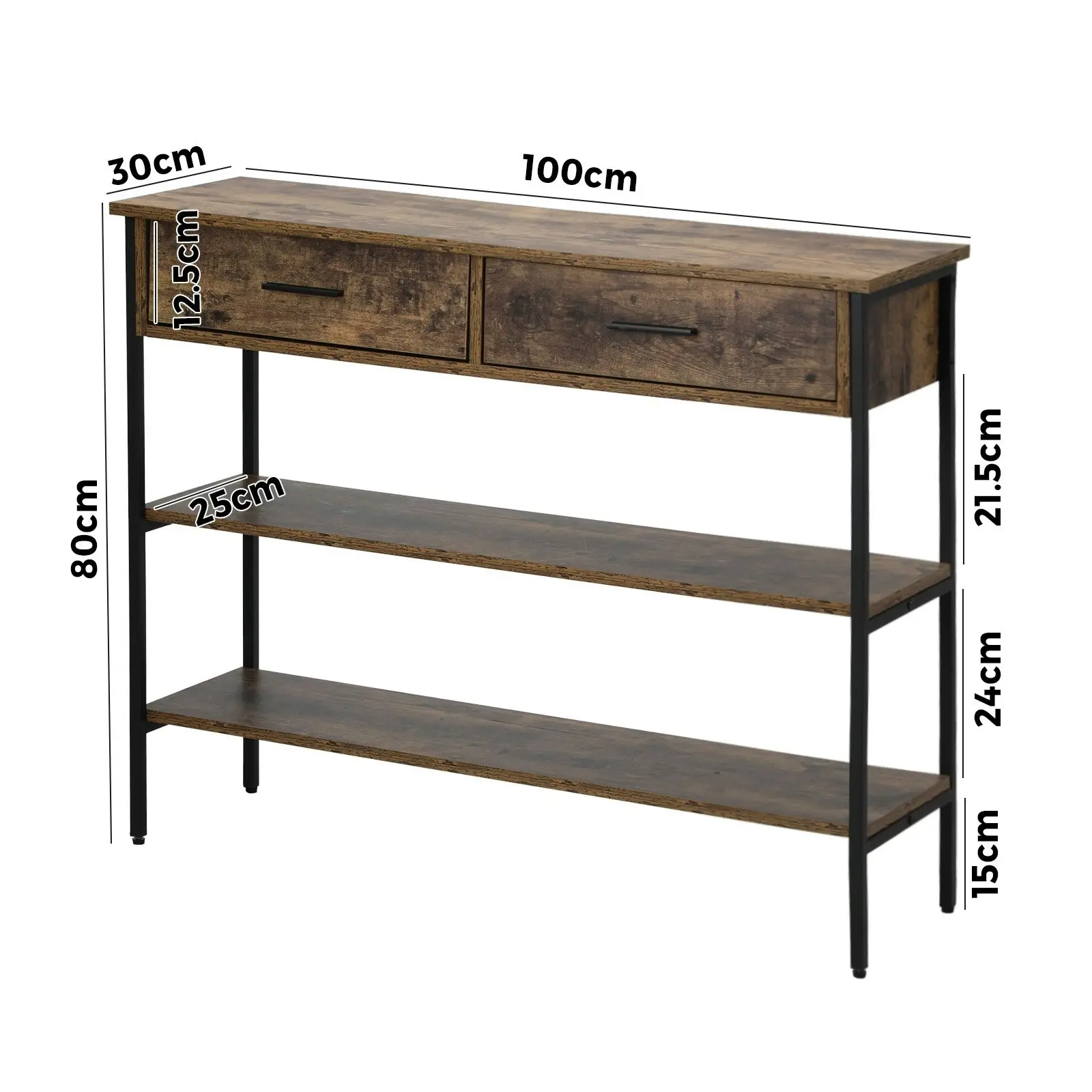 Oikiture 3-Tier Console Table Wood with 2 Drawers