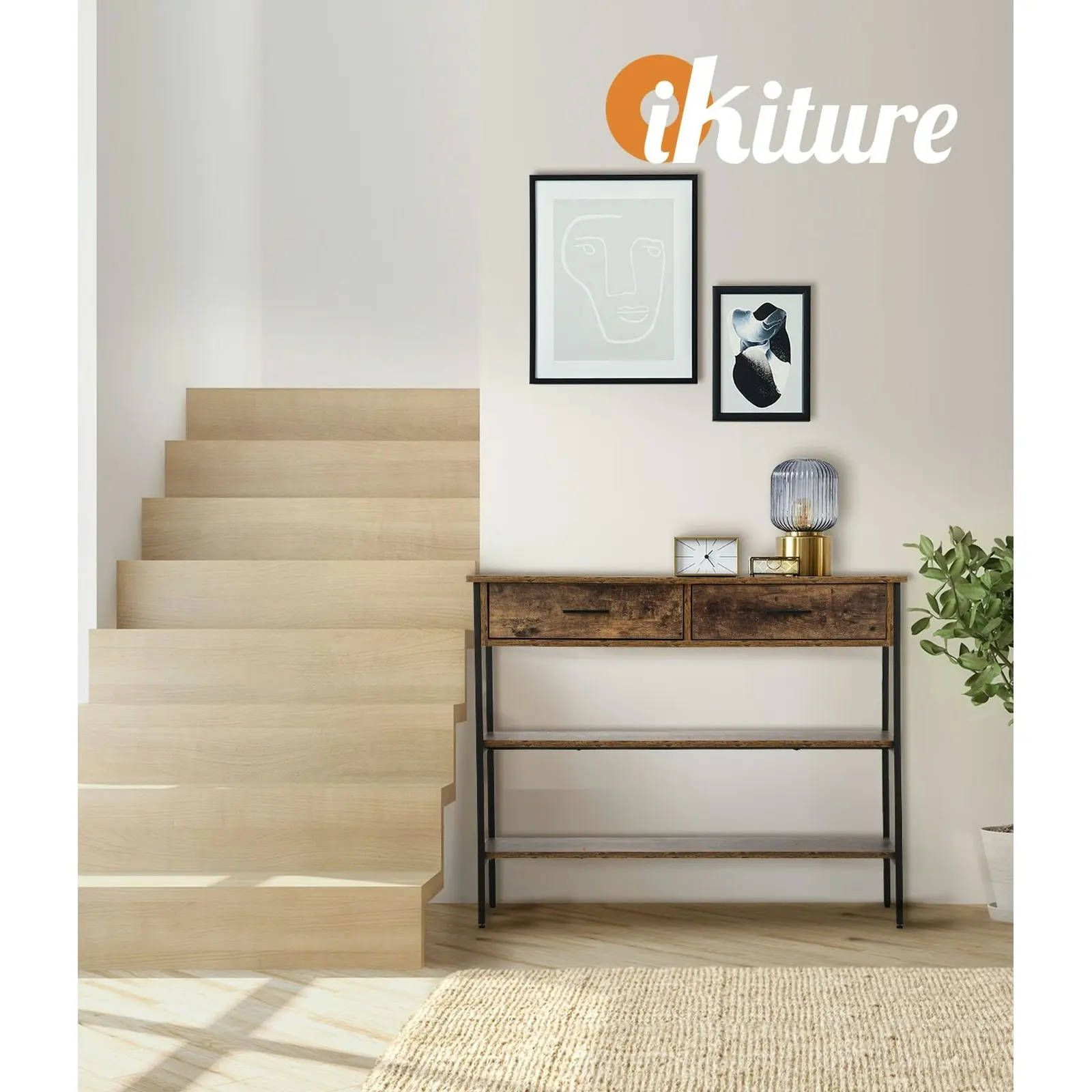 Oikiture 3-Tier Console Table Wood with 2 Drawers