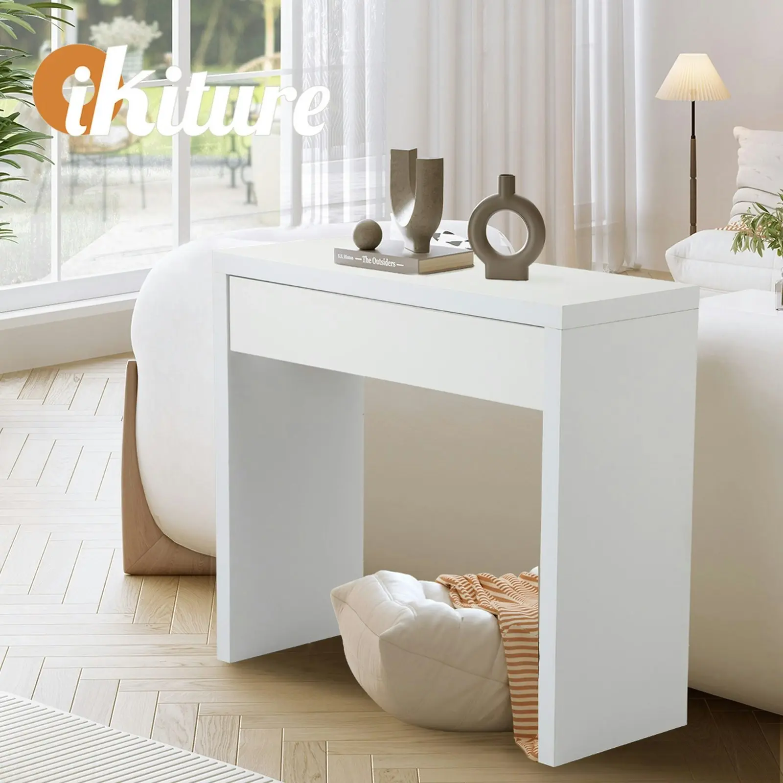 Oikiture Console Table Wood with Drawer White