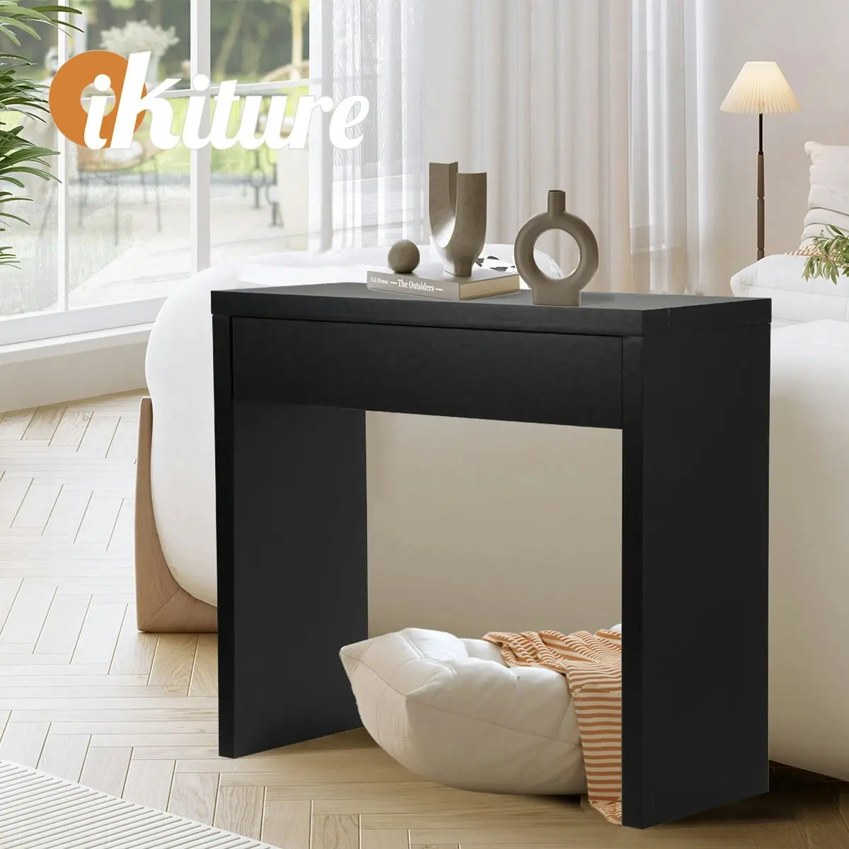 Oikiture Console Table Wood with Drawer Black