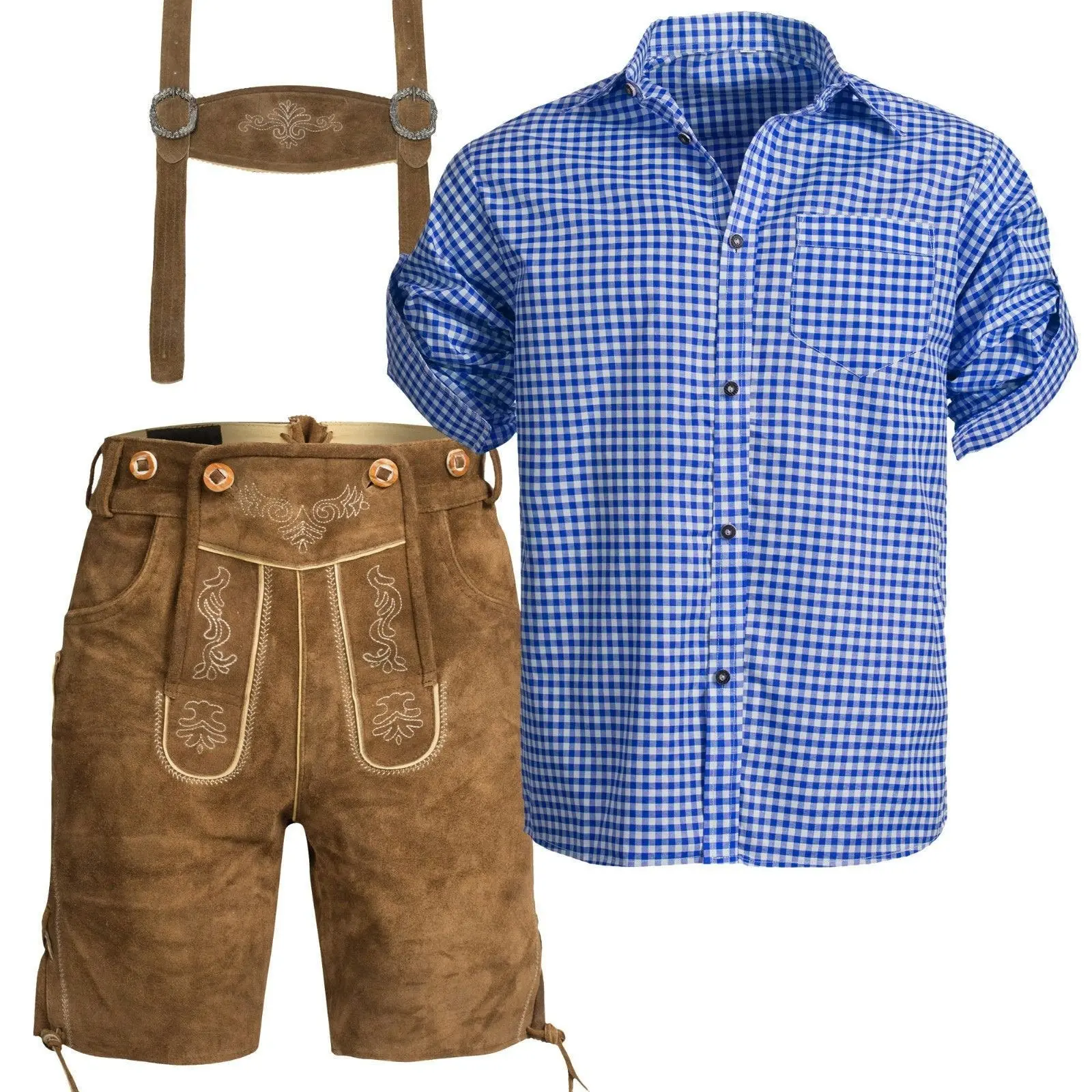 Brown Blue Shirt Lederhosen Oktoberfest Mens Costume